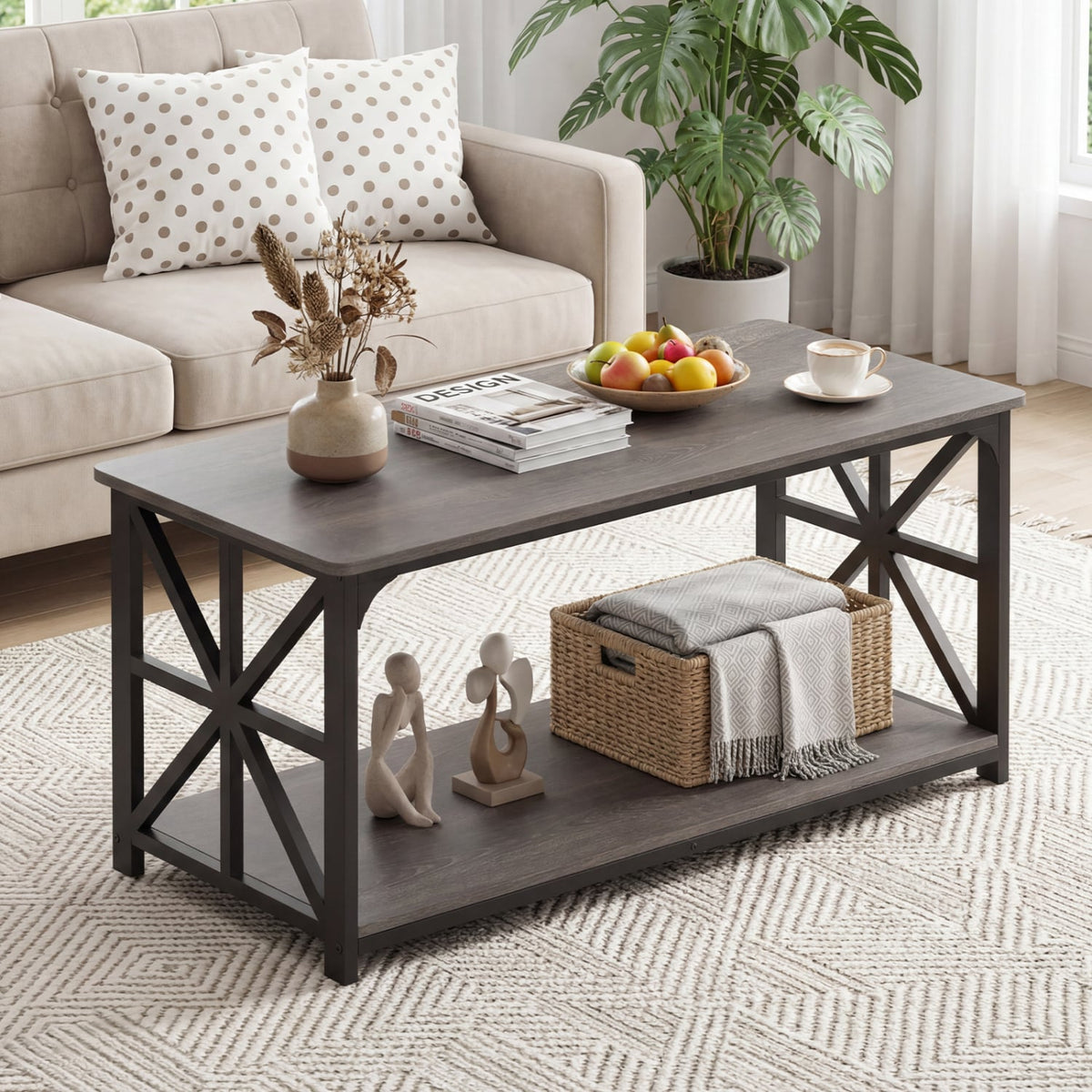 Coffee Table 2-Tier Center Table with Storage Shelf-Oak-Coffee Tables-DECOROLALA