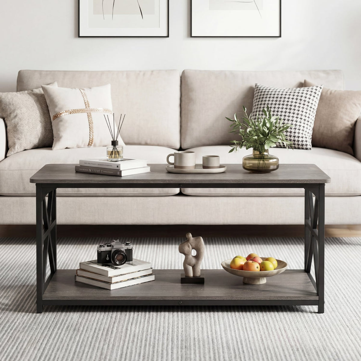 Coffee Table 2-Tier Center Table with Storage Shelf-Oak-Coffee Tables-DECOROLALA