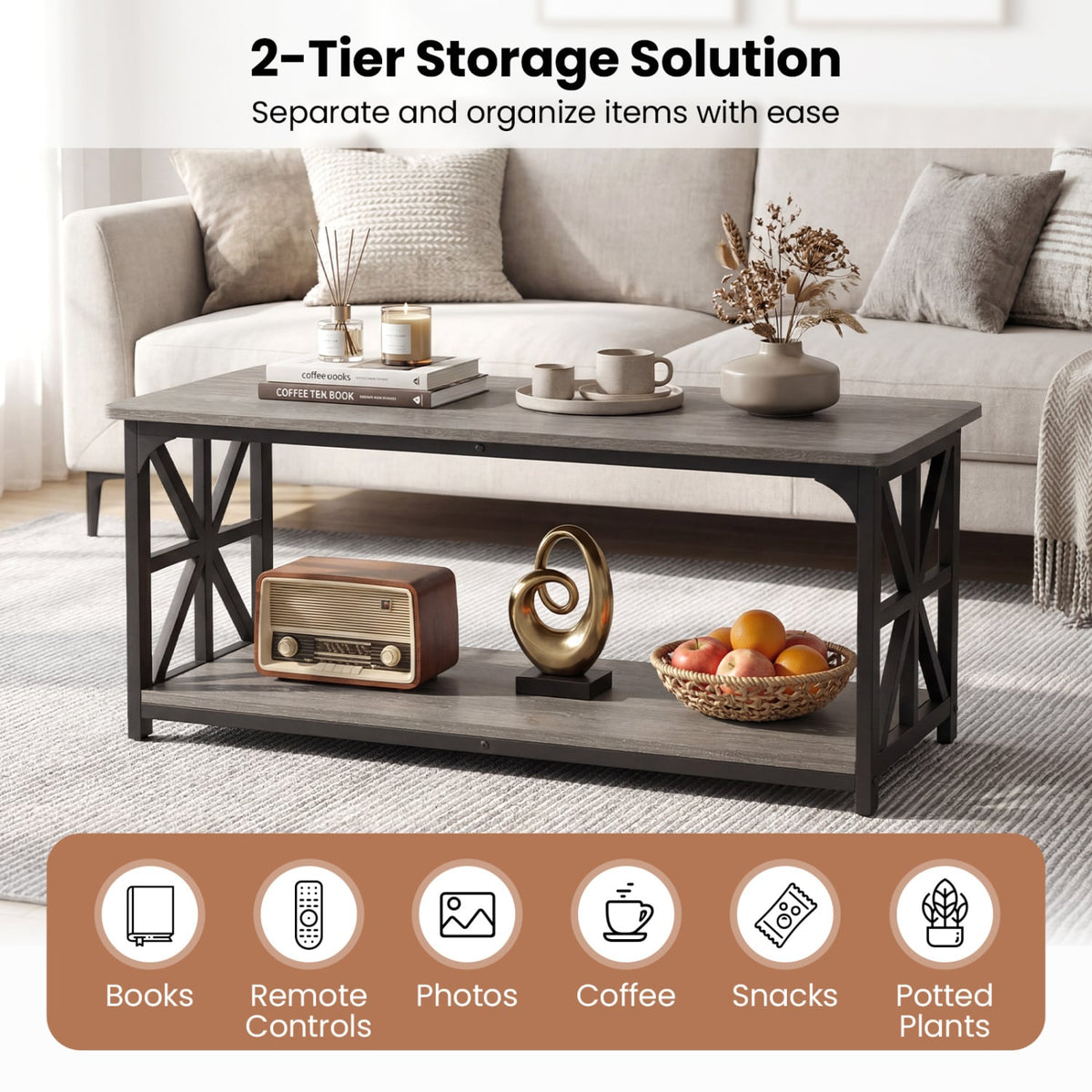Coffee Table 2-Tier Center Table with Storage Shelf-Oak-Coffee Tables-DECOROLALA