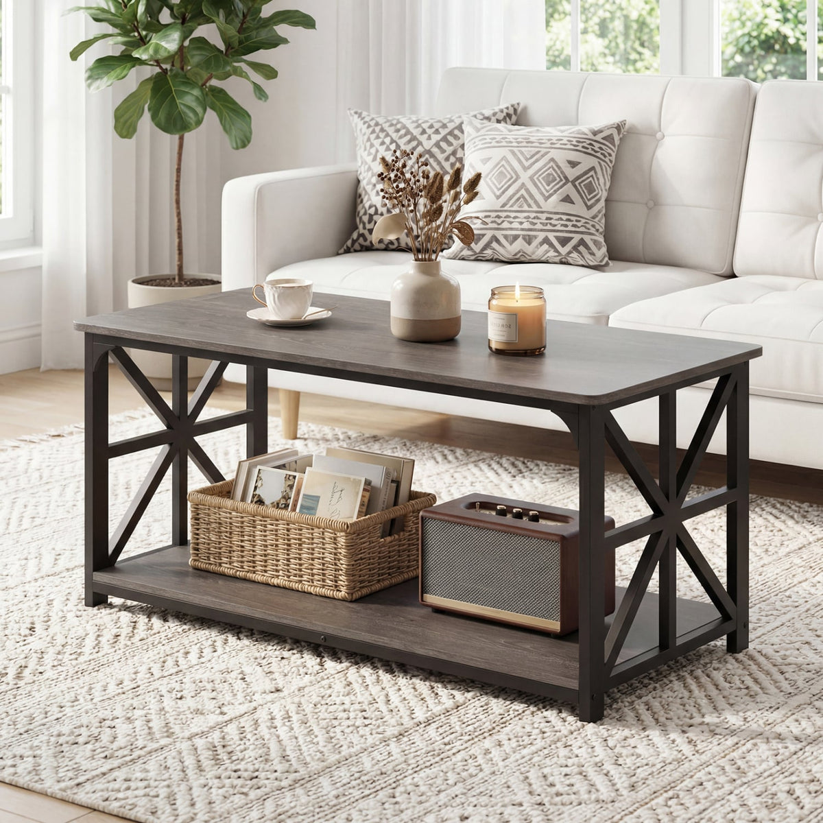 Coffee Table 2-Tier Center Table with Storage Shelf-Oak-Coffee Tables-DECOROLALA