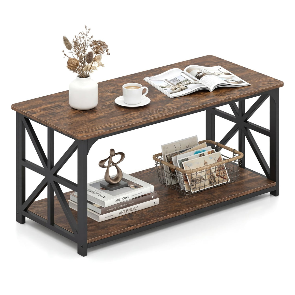 Coffee Table 2-Tier Center Table with Storage Shelf-Rustic Brown-Coffee Tables-DECOROLALA