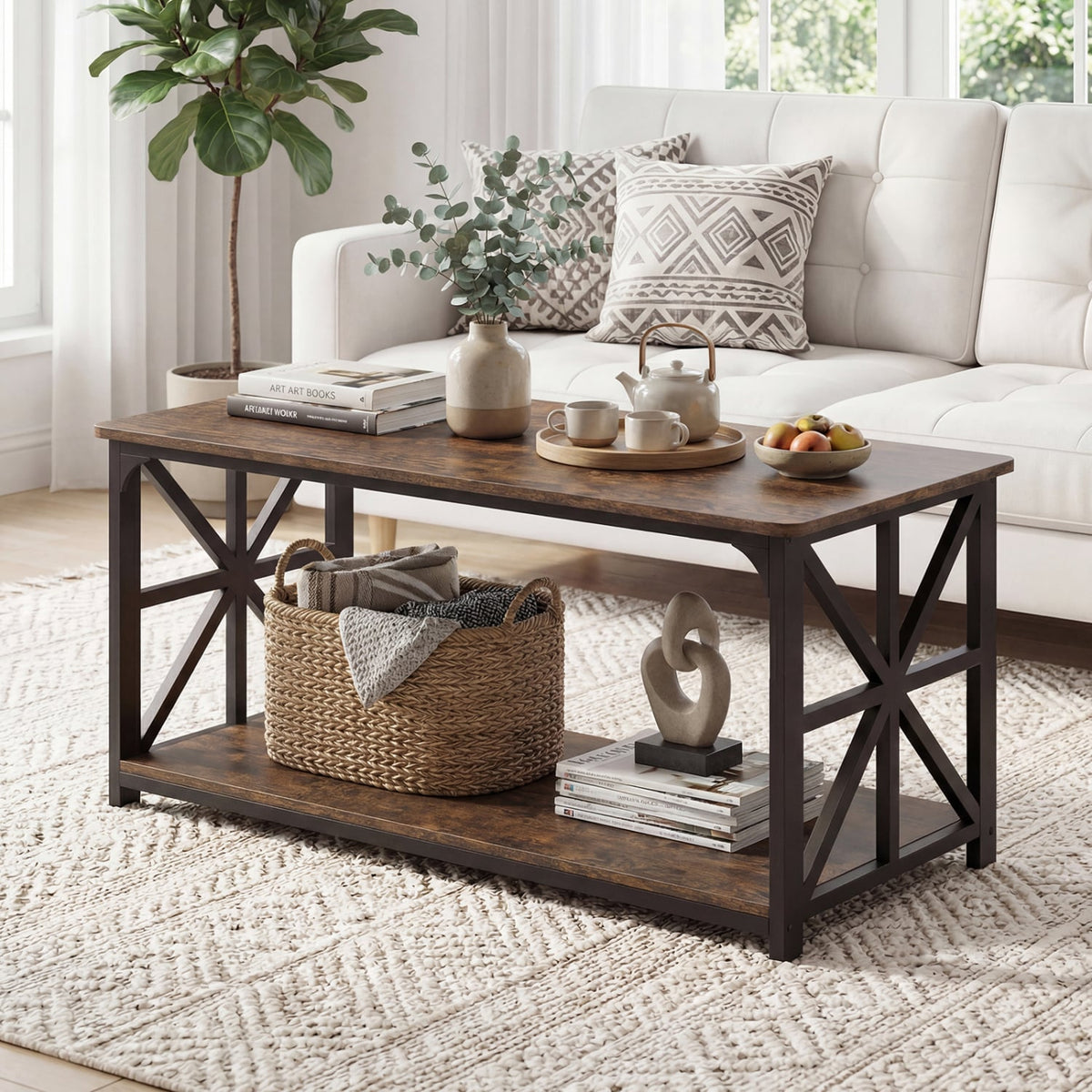 Coffee Table 2-Tier Center Table with Storage Shelf-Rustic Brown-Coffee Tables-DECOROLALA