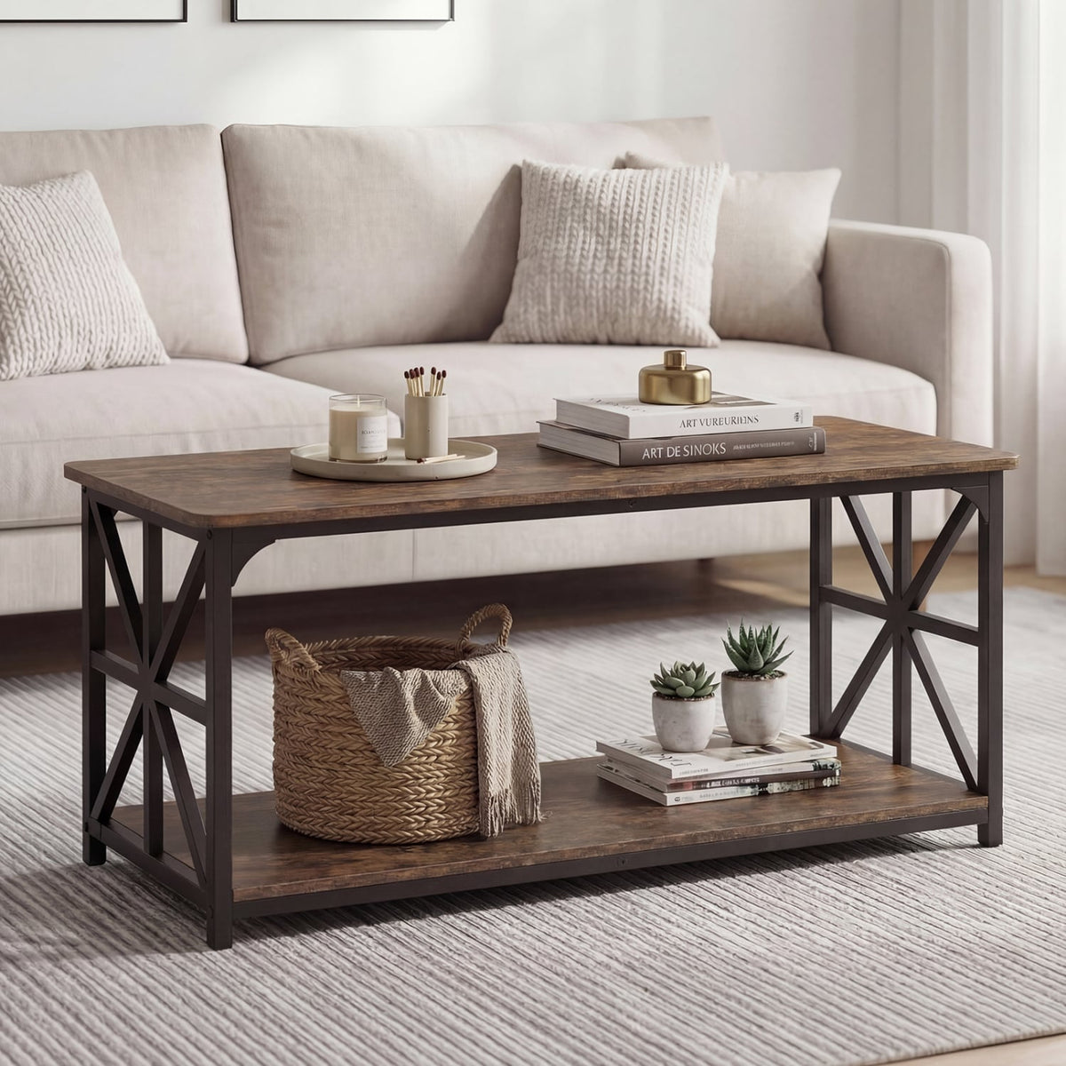 Coffee Table 2-Tier Center Table with Storage Shelf-Rustic Brown-Coffee Tables-DECOROLALA