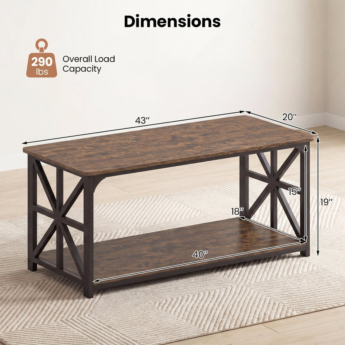 Coffee Table 2-Tier Center Table with Storage Shelf-Rustic Brown-Coffee Tables-DECOROLALA