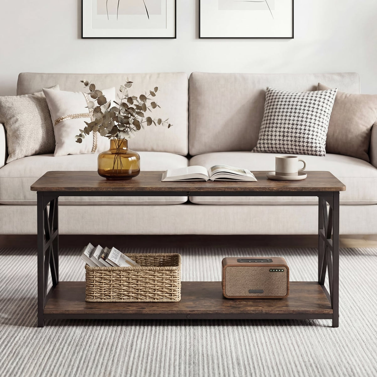 Coffee Table 2-Tier Center Table with Storage Shelf-Rustic Brown-Coffee Tables-DECOROLALA