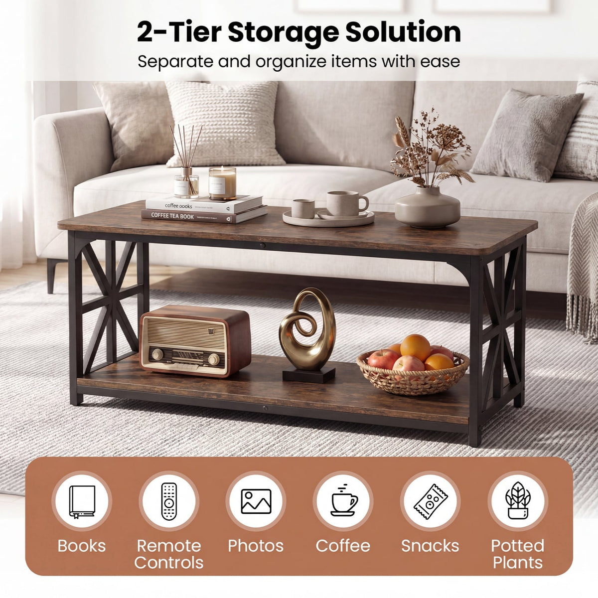 Coffee Table 2-Tier Center Table with Storage Shelf-Rustic Brown-Coffee Tables-DECOROLALA