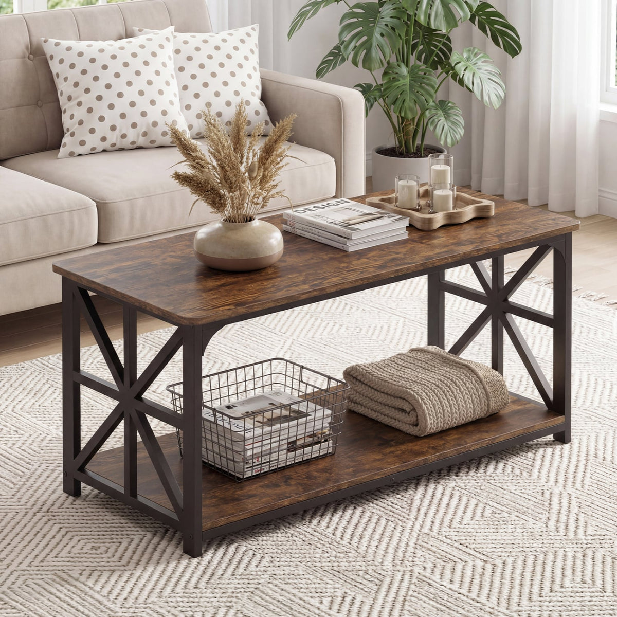 Coffee Table 2-Tier Center Table with Storage Shelf-Rustic Brown-Coffee Tables-DECOROLALA