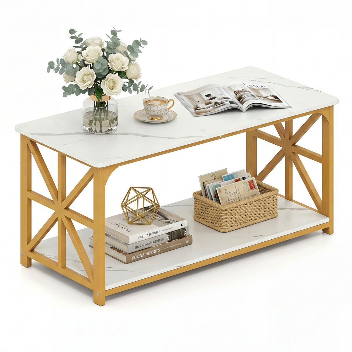 Coffee Table 2-Tier Center Table with Storage Shelf-White and Golden-Coffee Tables-DECOROLALA