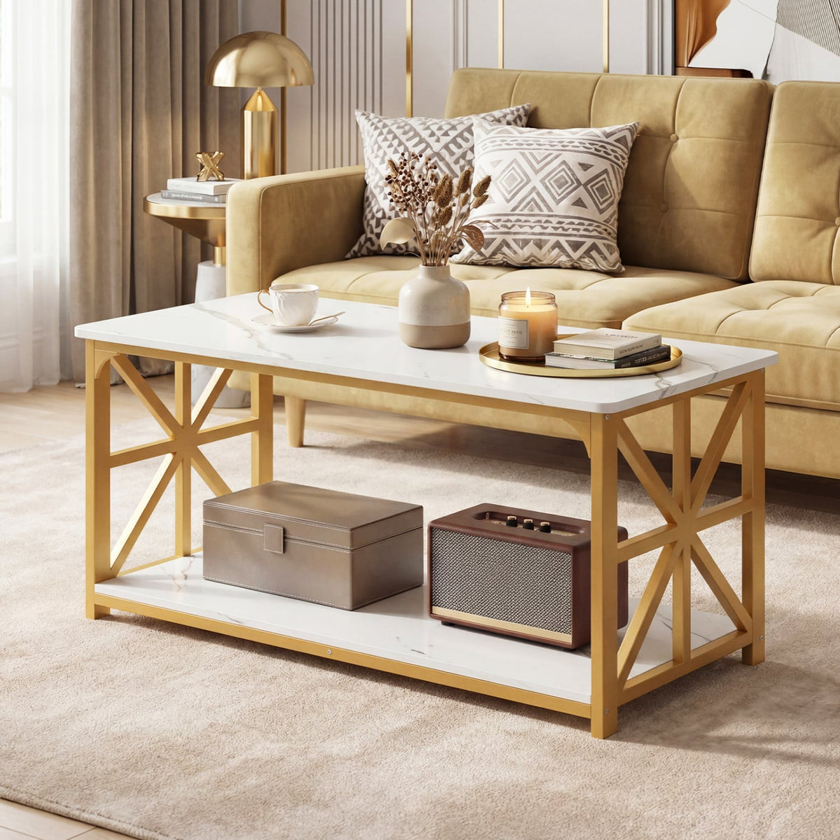 Coffee Table 2-Tier Center Table with Storage Shelf-White and Golden-Coffee Tables-DECOROLALA