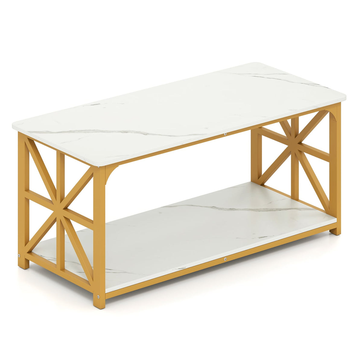 Coffee Table 2-Tier Center Table with Storage Shelf-White and Golden-Coffee Tables-DECOROLALA