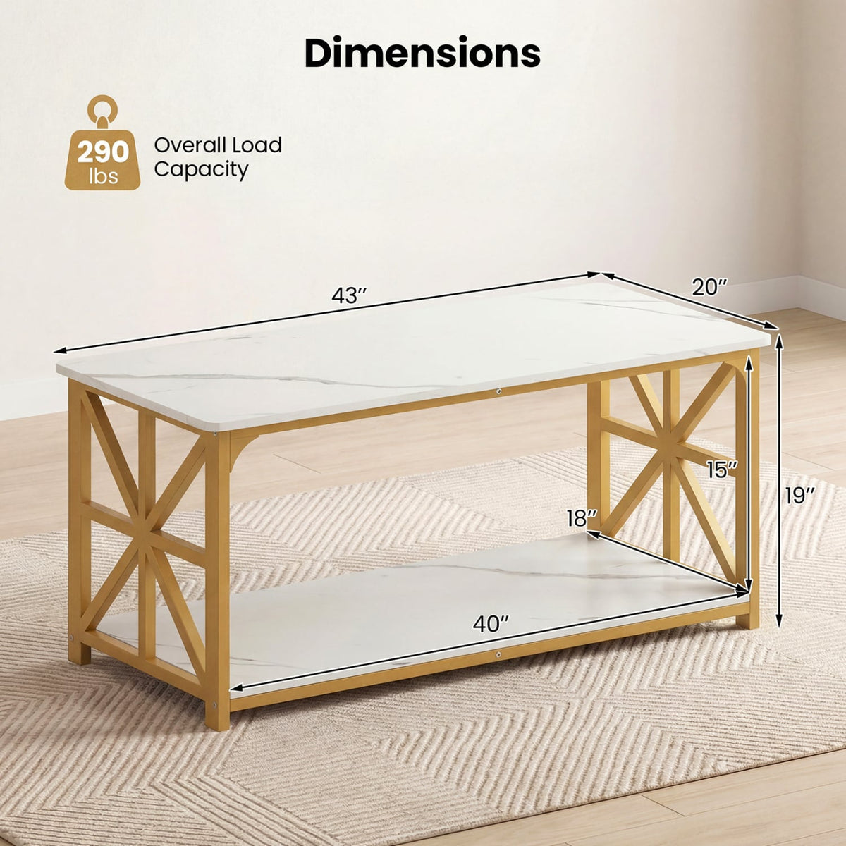 Coffee Table 2-Tier Center Table with Storage Shelf-White and Golden-Coffee Tables-DECOROLALA