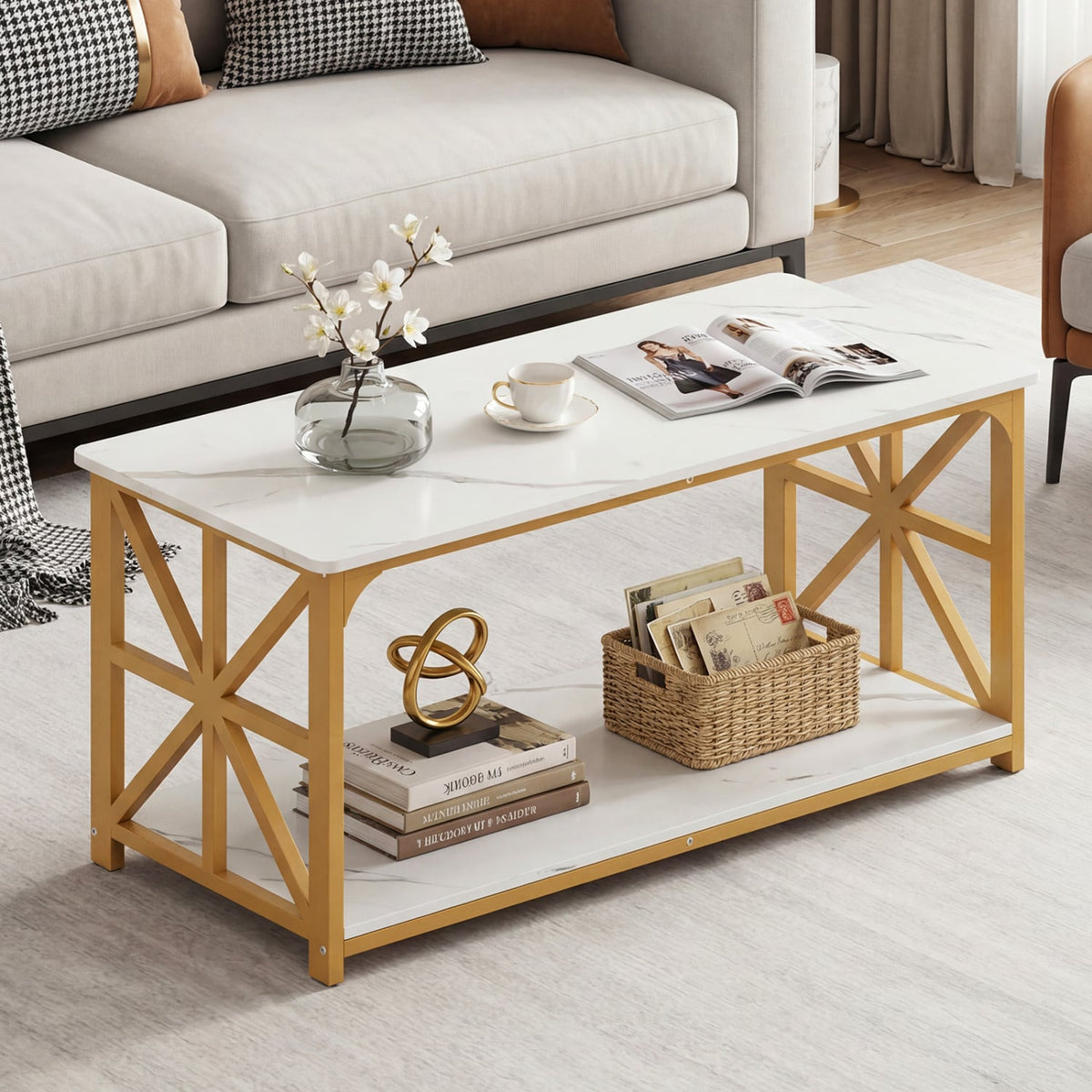 Coffee Table 2-Tier Center Table with Storage Shelf-White and Golden-Coffee Tables-DECOROLALA