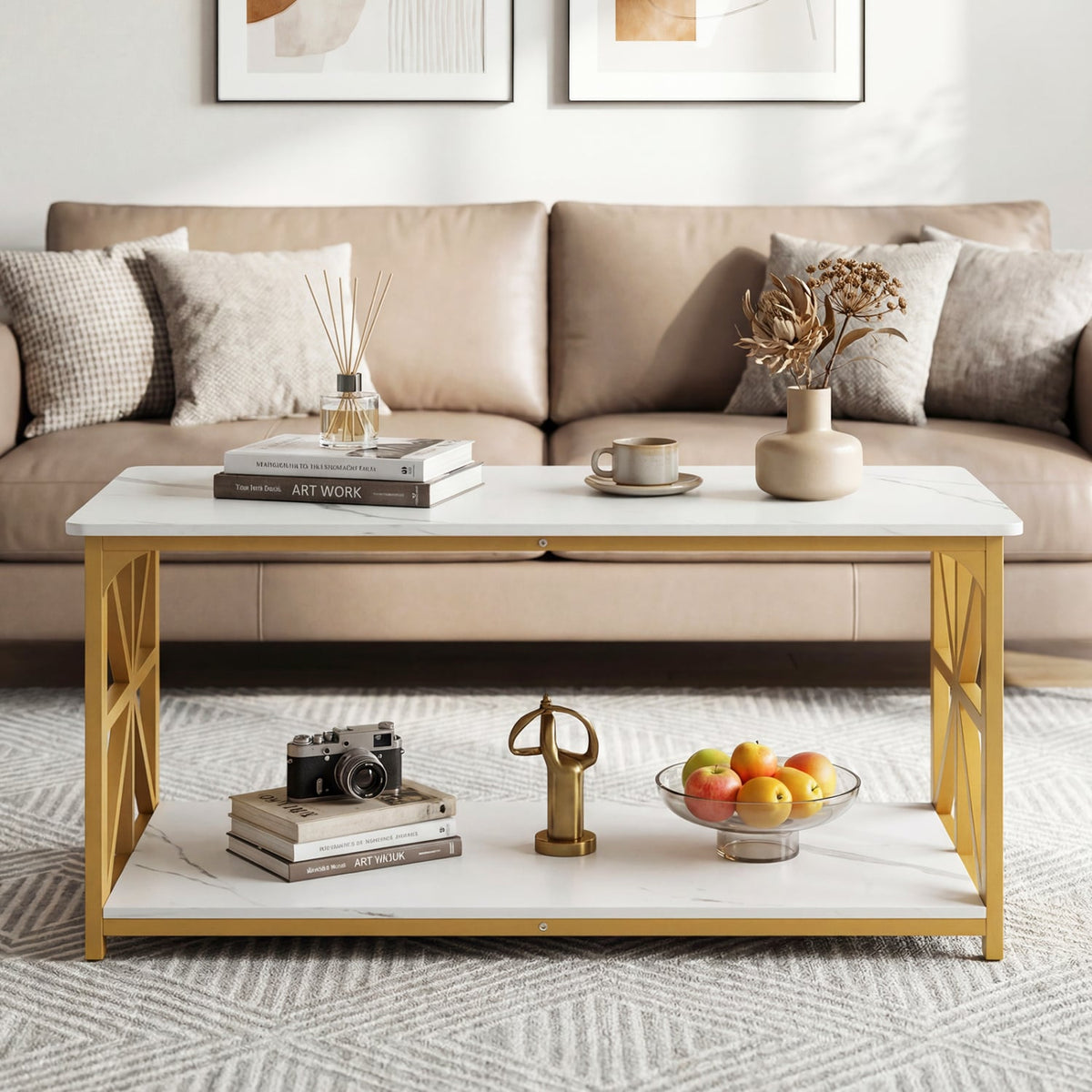 Coffee Table 2-Tier Center Table with Storage Shelf-White and Golden-Coffee Tables-DECOROLALA