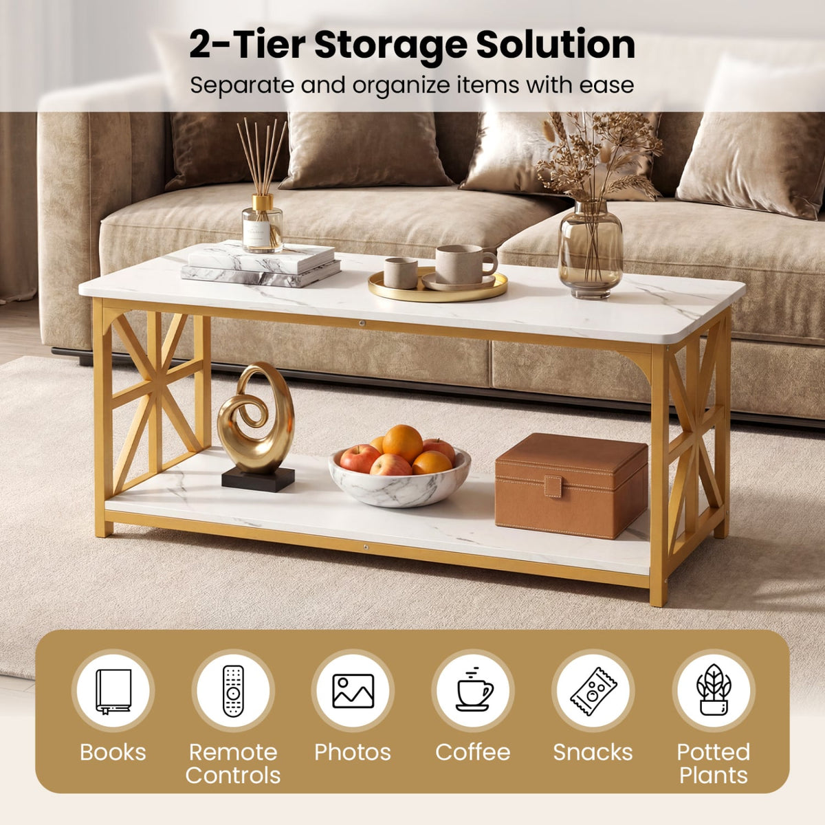 Coffee Table 2-Tier Center Table with Storage Shelf-White and Golden-Coffee Tables-DECOROLALA