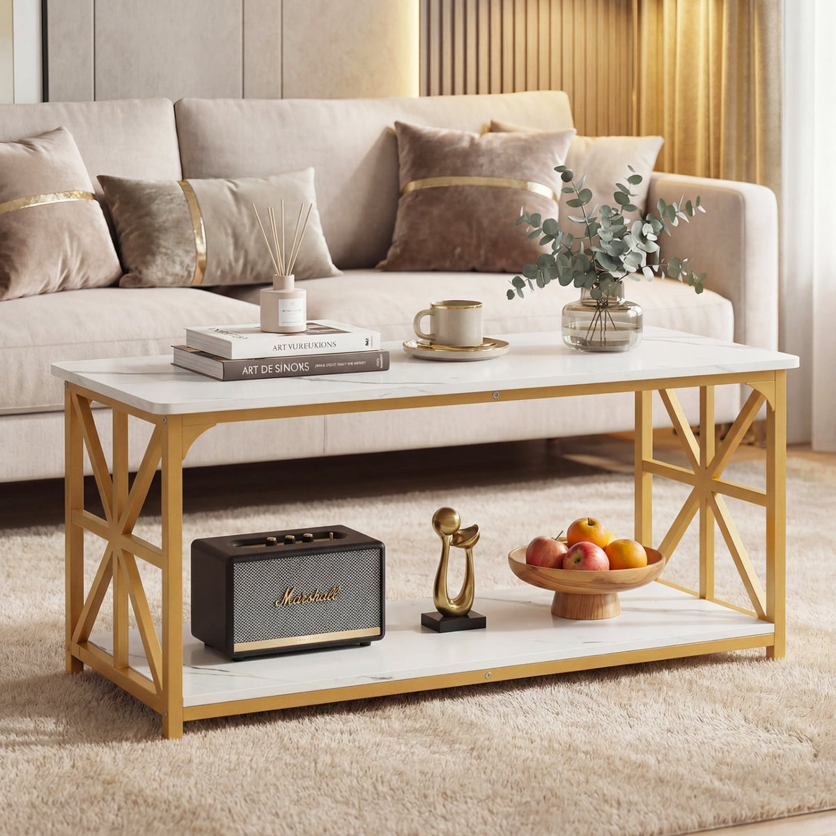 Coffee Table 2-Tier Center Table with Storage Shelf-White and Golden-Coffee Tables-DECOROLALA