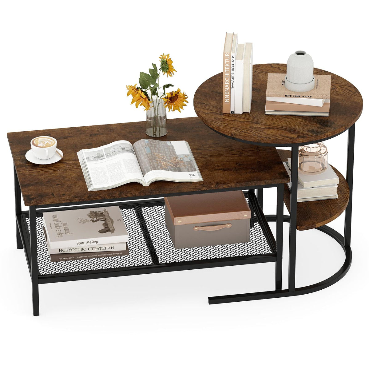 Coffee Table 2-Tier Rectangle Coffee Table and Side End Table with Storage Shelves-Rustic Brown-Coffee Tables-DECOROLALA