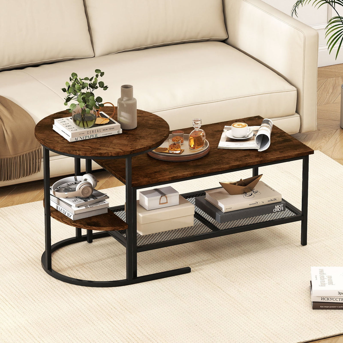 Coffee Table 2-Tier Rectangle Coffee Table and Side End Table with Storage Shelves-Rustic Brown-Coffee Tables-DECOROLALA