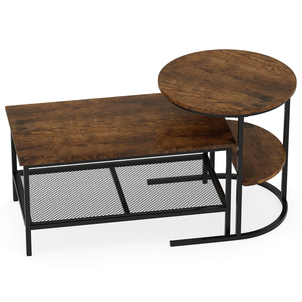 Coffee Table 2-Tier Rectangle Coffee Table and Side End Table with Storage Shelves-Rustic Brown-Coffee Tables-DECOROLALA