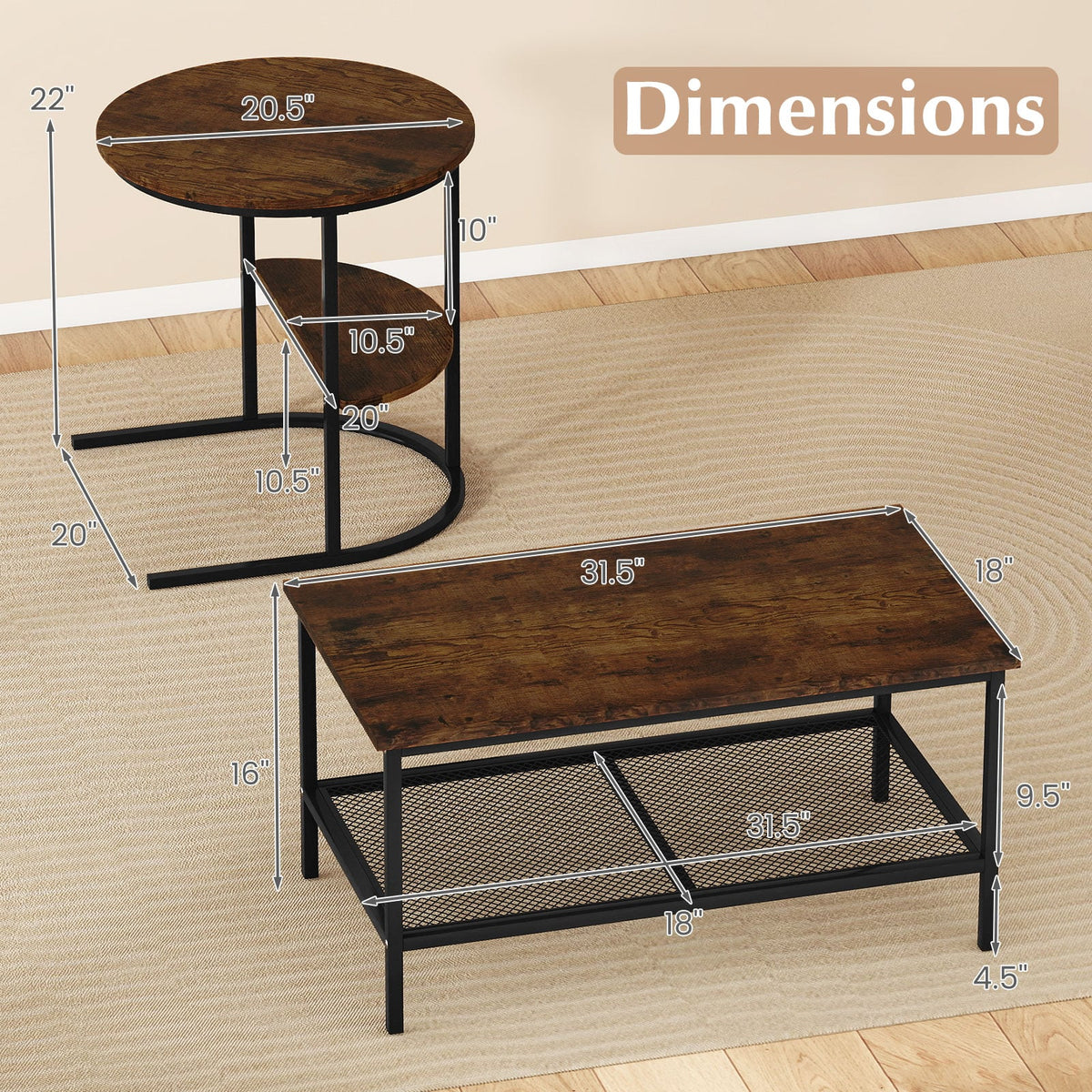 Coffee Table 2-Tier Rectangle Coffee Table and Side End Table with Storage Shelves-Rustic Brown-Coffee Tables-DECOROLALA
