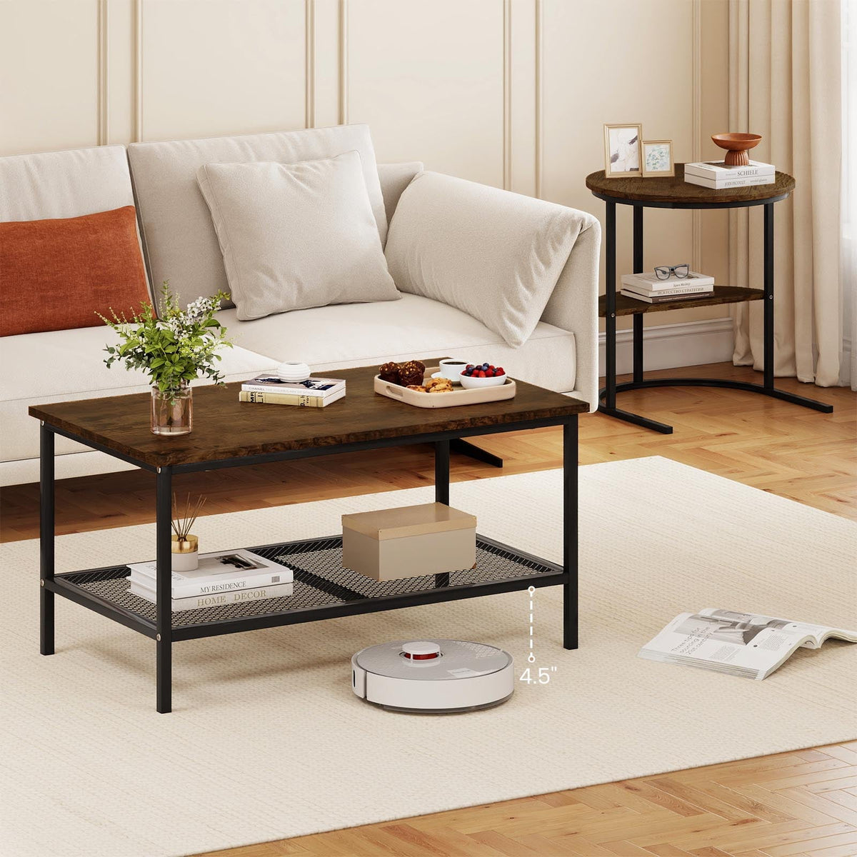 Coffee Table 2-Tier Rectangle Coffee Table and Side End Table with Storage Shelves-Rustic Brown-Coffee Tables-DECOROLALA