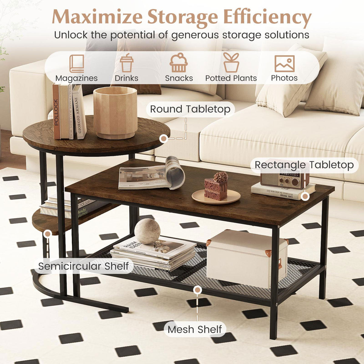 Coffee Table 2-Tier Rectangle Coffee Table and Side End Table with Storage Shelves-Rustic Brown-Coffee Tables-DECOROLALA