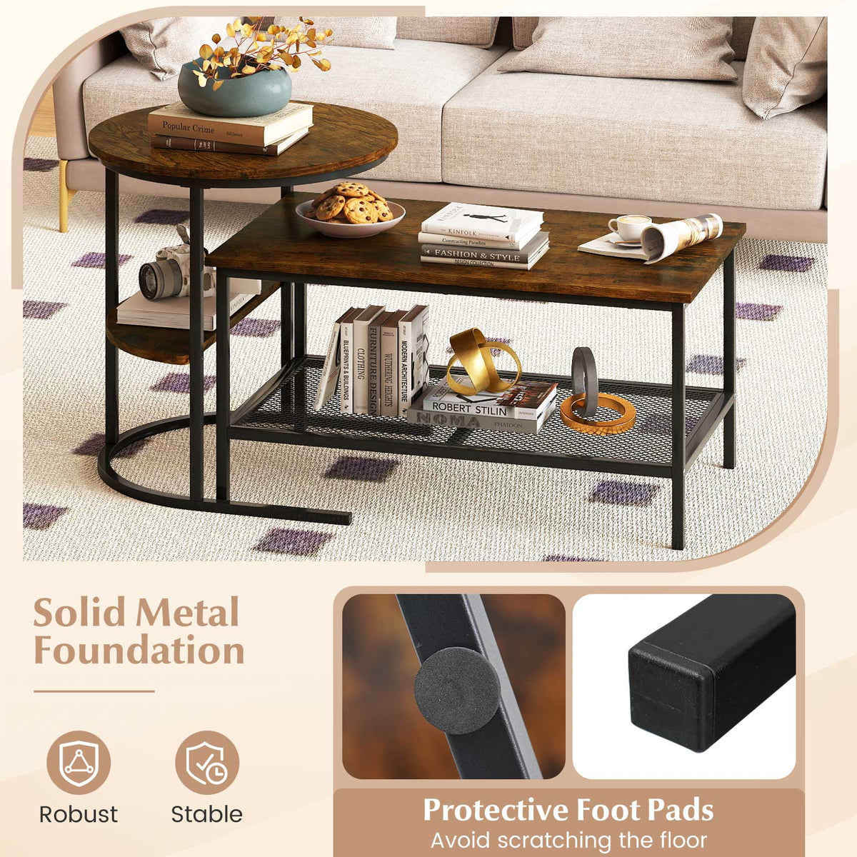 Coffee Table 2-Tier Rectangle Coffee Table and Side End Table with Storage Shelves-Rustic Brown-Coffee Tables-DECOROLALA