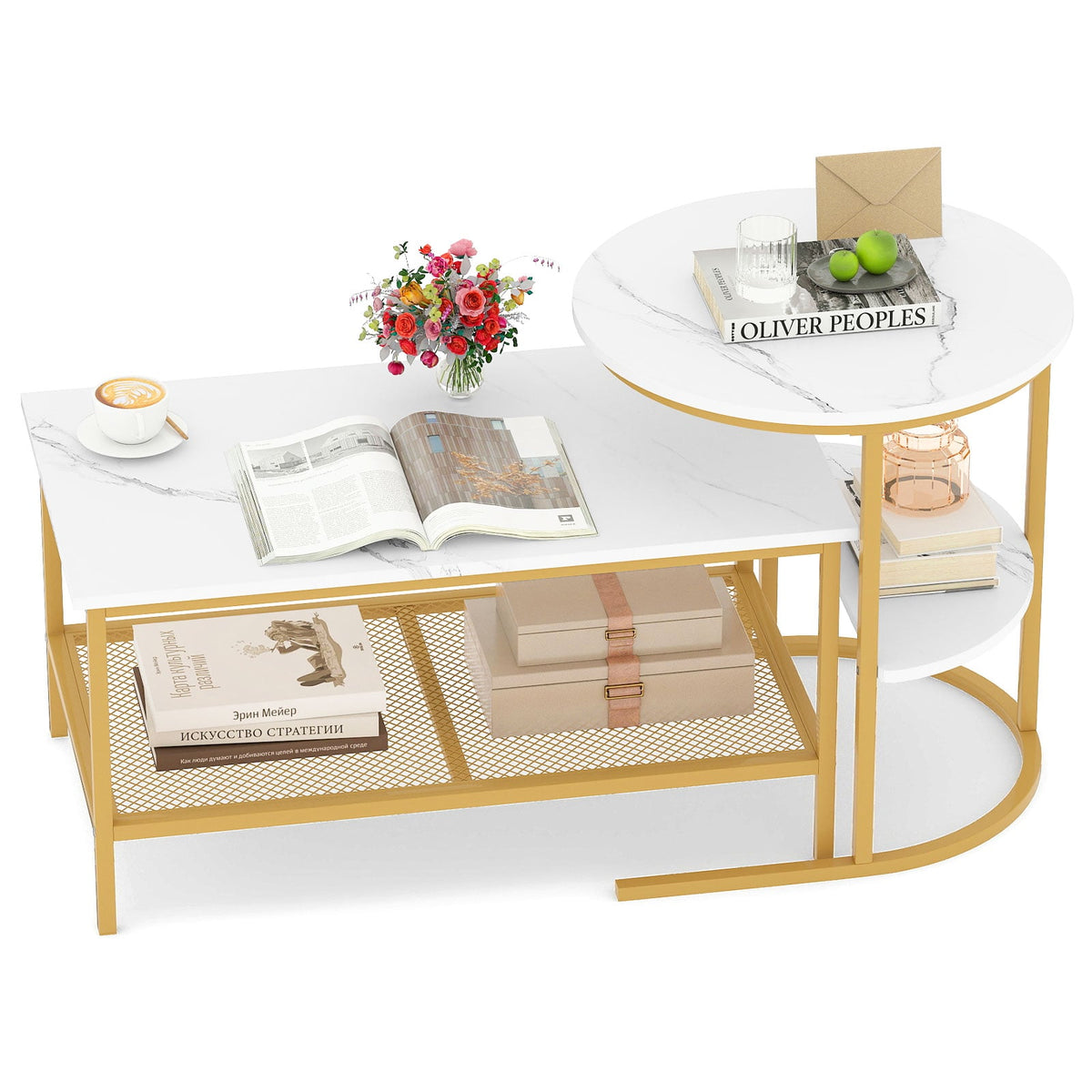 Coffee Table 2-Tier Rectangle Coffee Table and Side End Table with Storage Shelves-White and Golden-Coffee Tables-DECOROLALA
