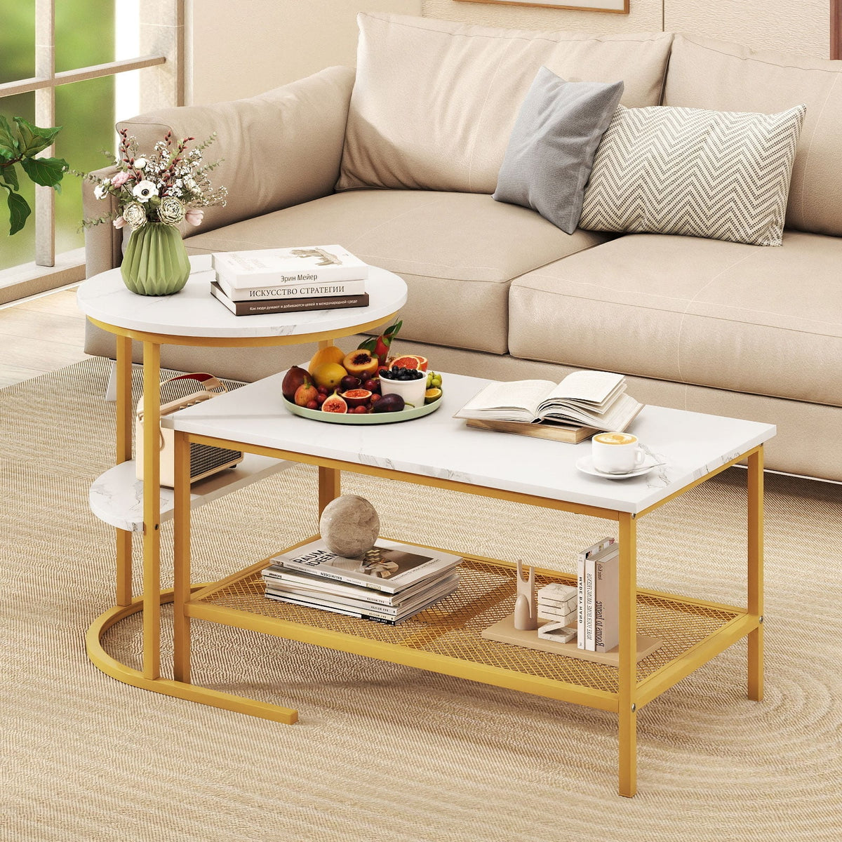 Coffee Table 2-Tier Rectangle Coffee Table and Side End Table with Storage Shelves-White and Golden-Coffee Tables-DECOROLALA