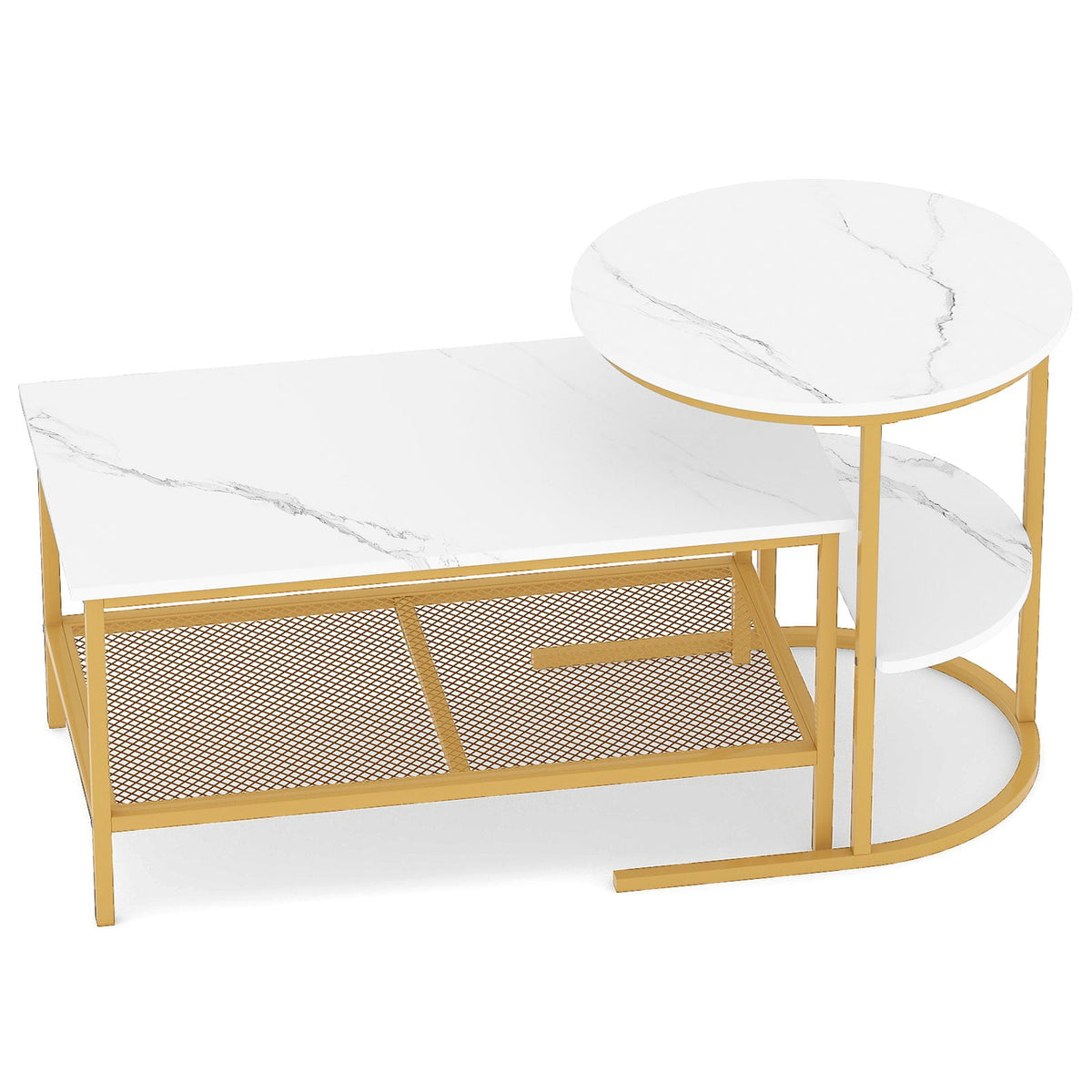 Coffee Table 2-Tier Rectangle Coffee Table and Side End Table with Storage Shelves-White and Golden-Coffee Tables-DECOROLALA