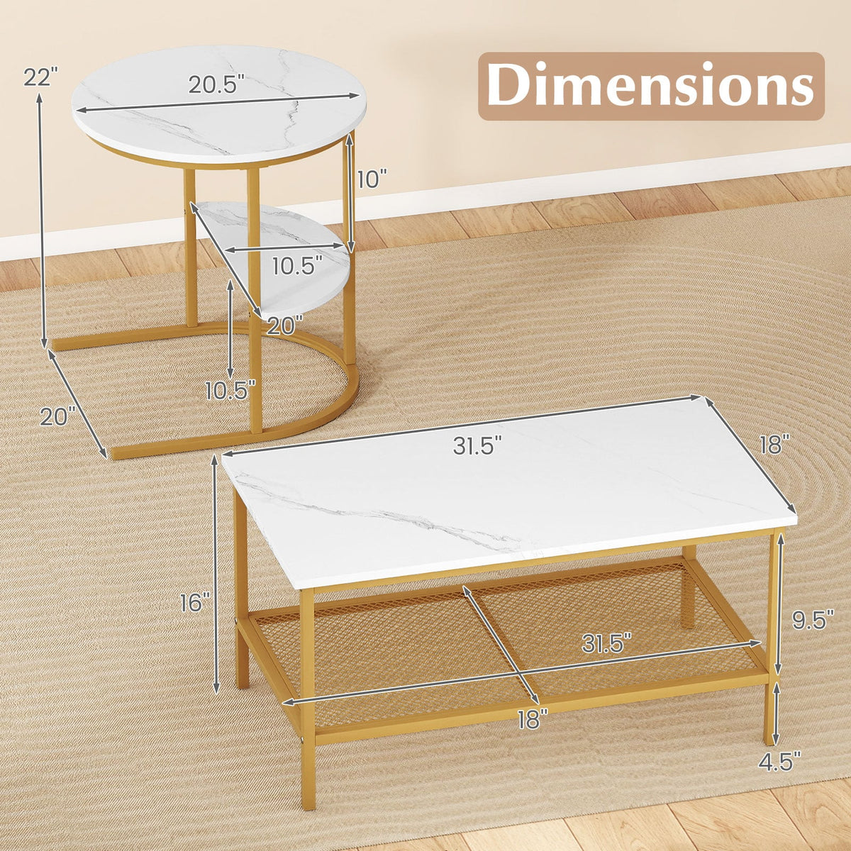 Coffee Table 2-Tier Rectangle Coffee Table and Side End Table with Storage Shelves-White and Golden-Coffee Tables-DECOROLALA