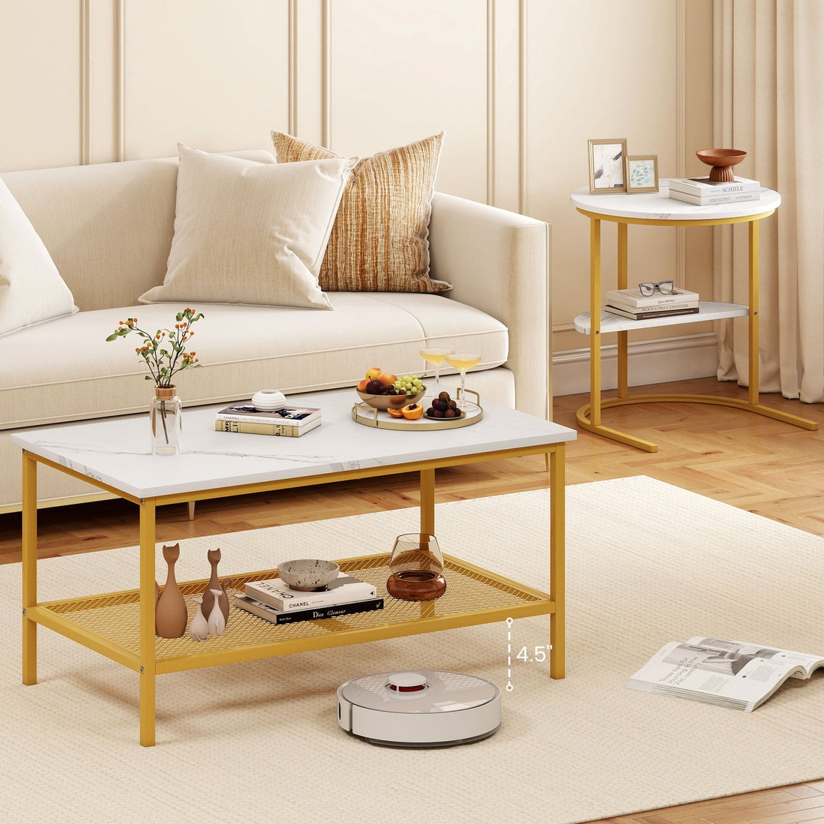 Coffee Table 2-Tier Rectangle Coffee Table and Side End Table with Storage Shelves-White and Golden-Coffee Tables-DECOROLALA