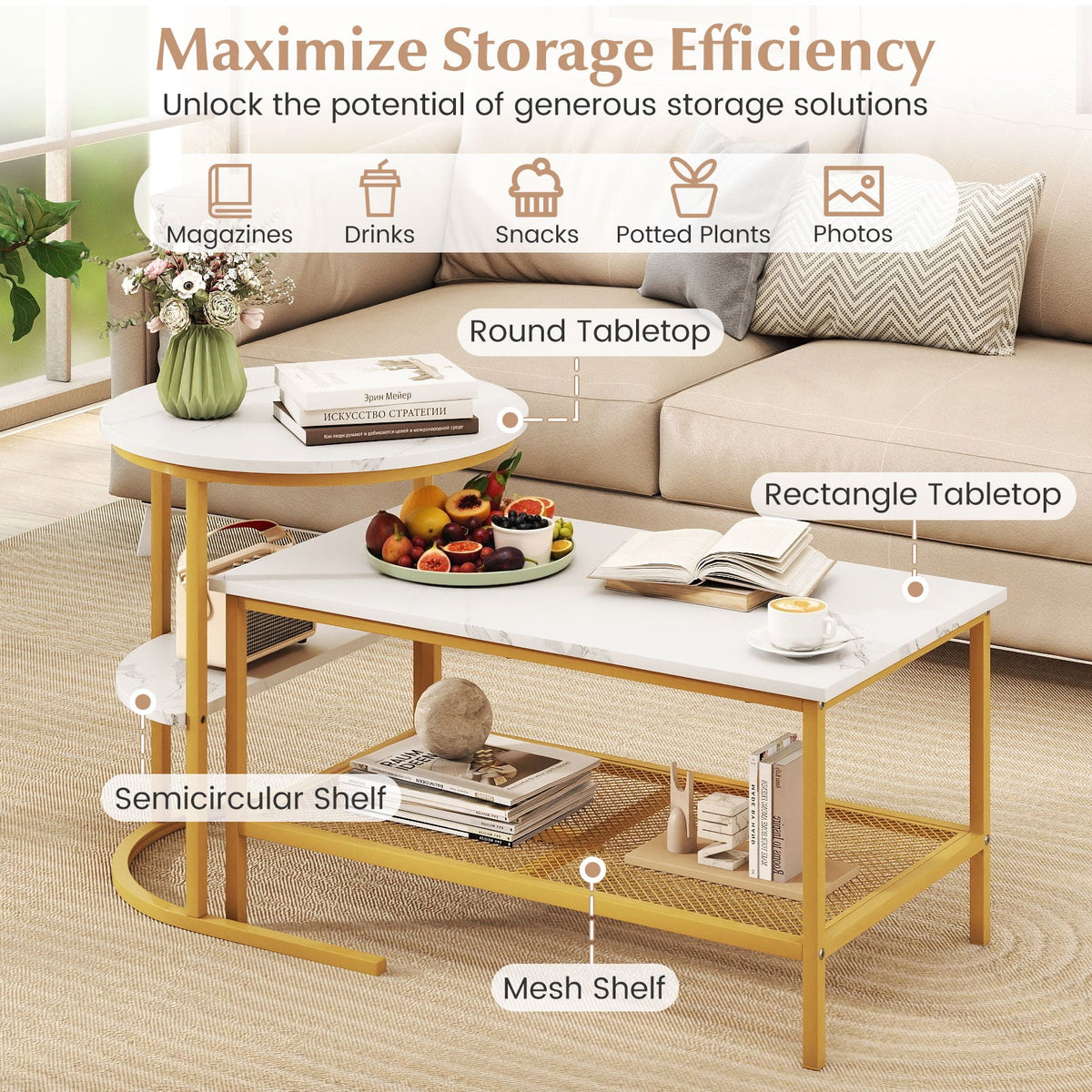 Coffee Table 2-Tier Rectangle Coffee Table and Side End Table with Storage Shelves-White and Golden-Coffee Tables-DECOROLALA
