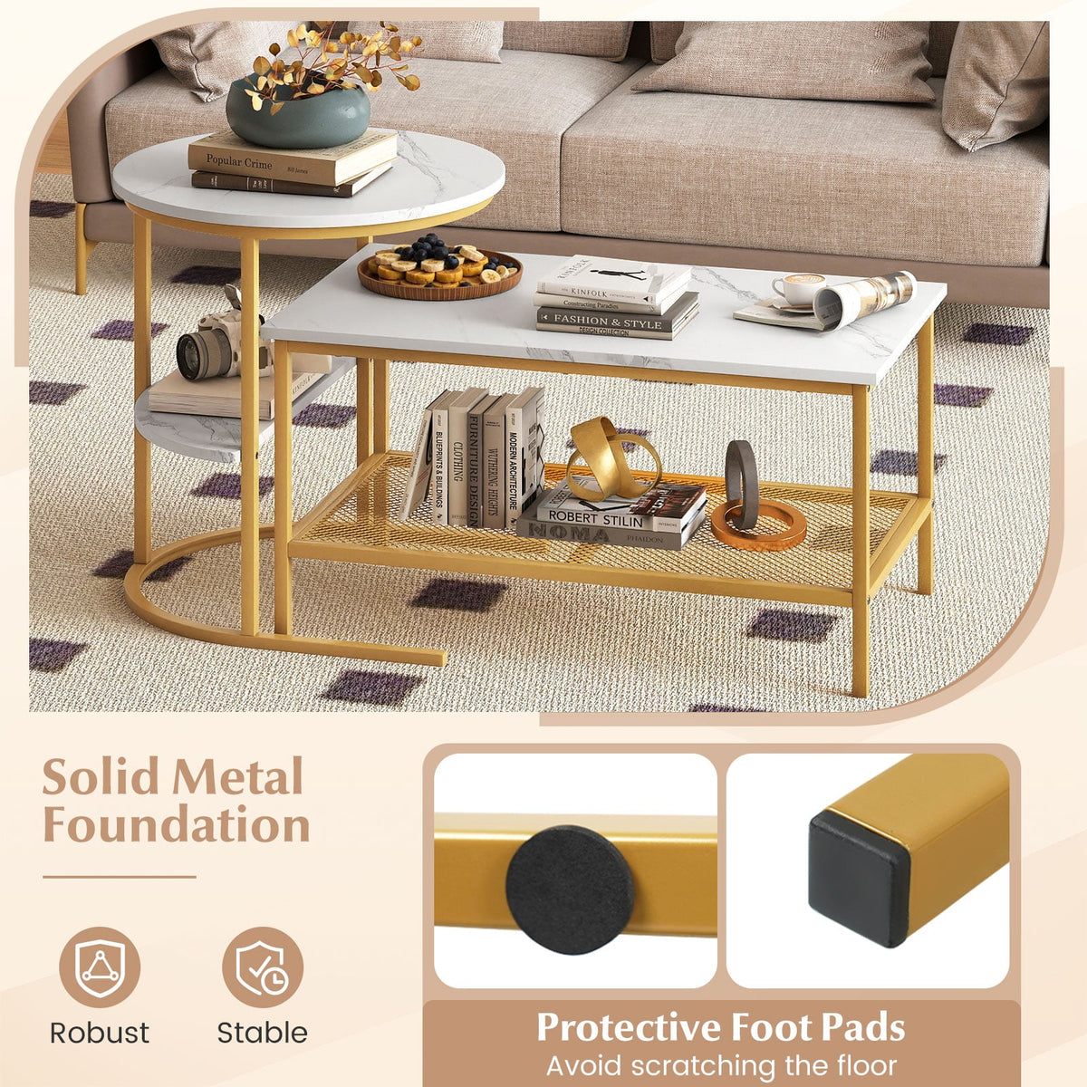 Coffee Table 2-Tier Rectangle Coffee Table and Side End Table with Storage Shelves-White and Golden-Coffee Tables-DECOROLALA