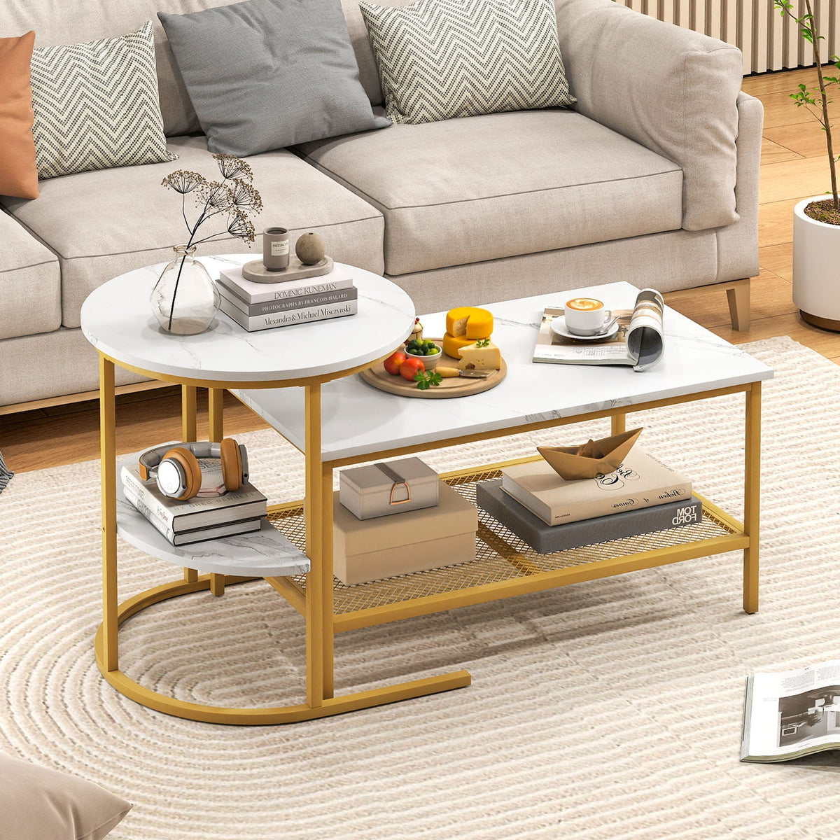 Coffee Table 2-Tier Rectangle Coffee Table and Side End Table with Storage Shelves-White and Golden-Coffee Tables-DECOROLALA