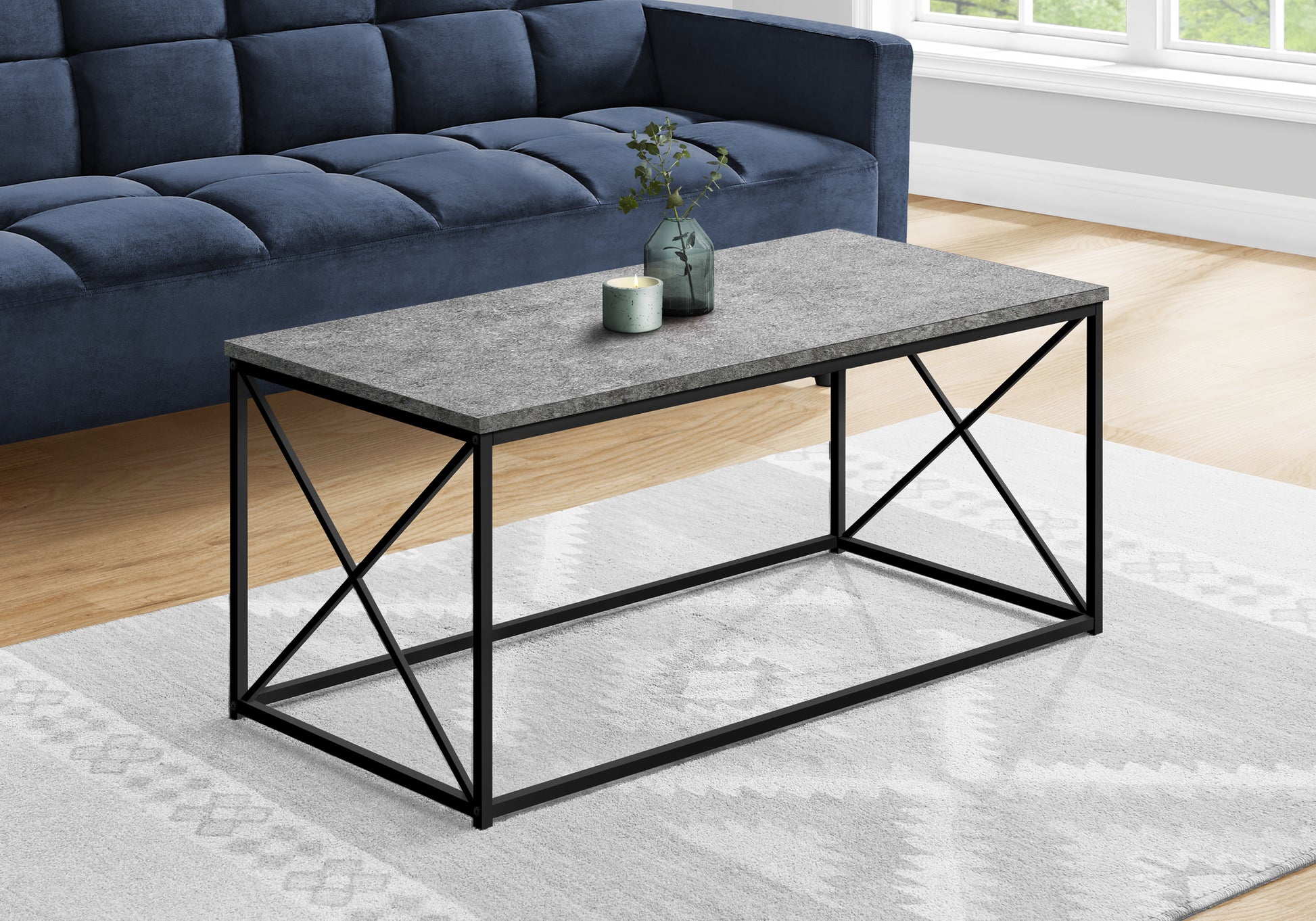 Coffee Table 40"L Black Marble Metal X-Frame-Coffee Table-DECOROLALA