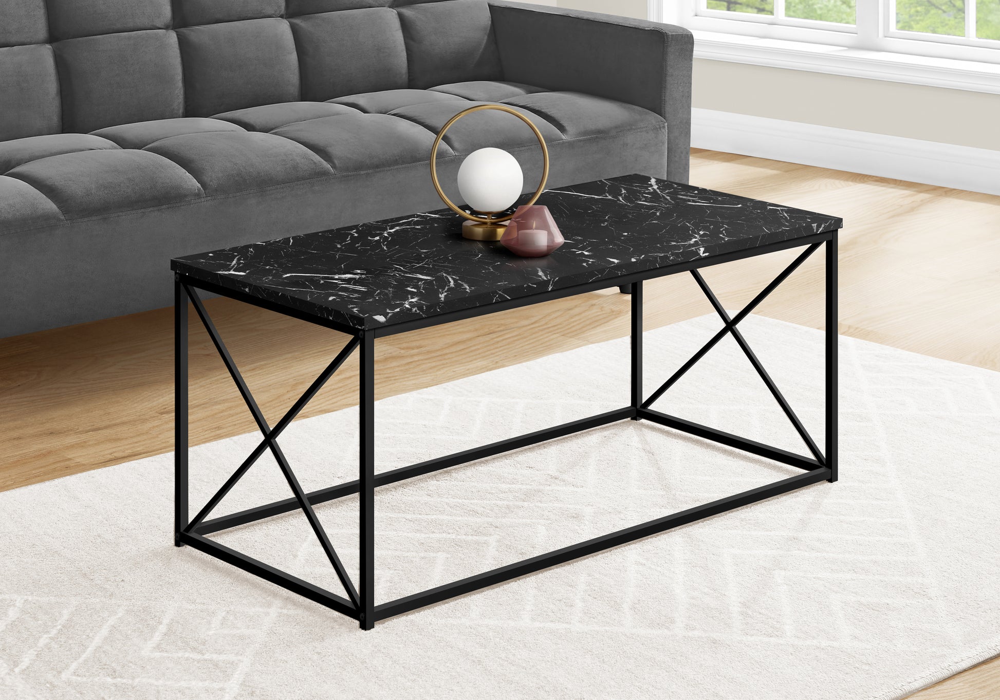 Coffee Table 40"L Black Marble Metal X-Frame-Coffee Table-DECOROLALA