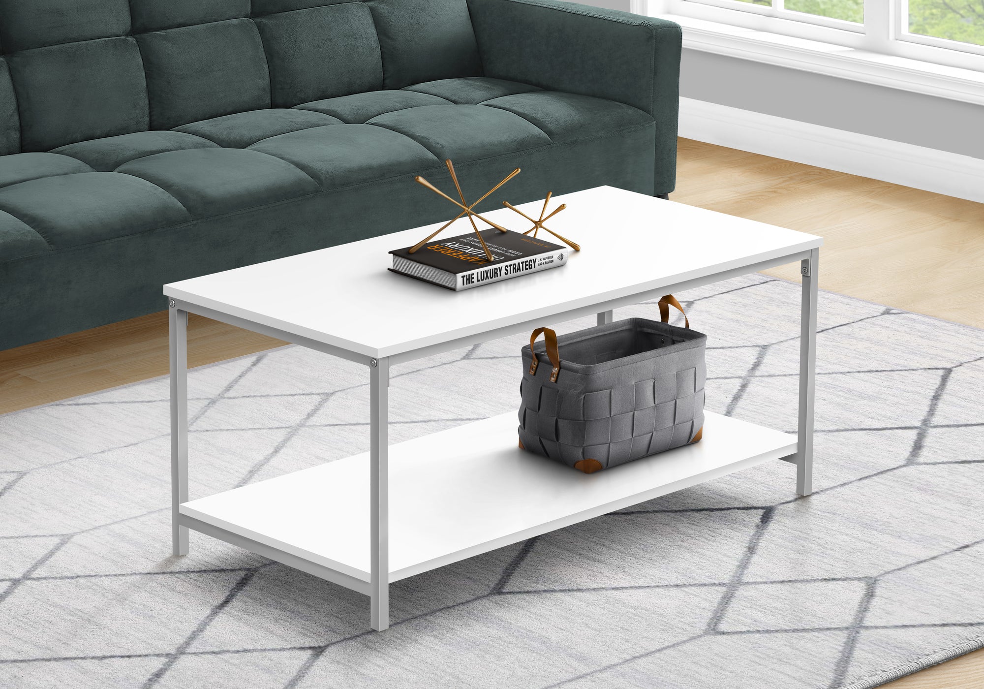 Coffee Table 40"L White Two-Tier Silver Metal Base-Coffee Table-DECOROLALA