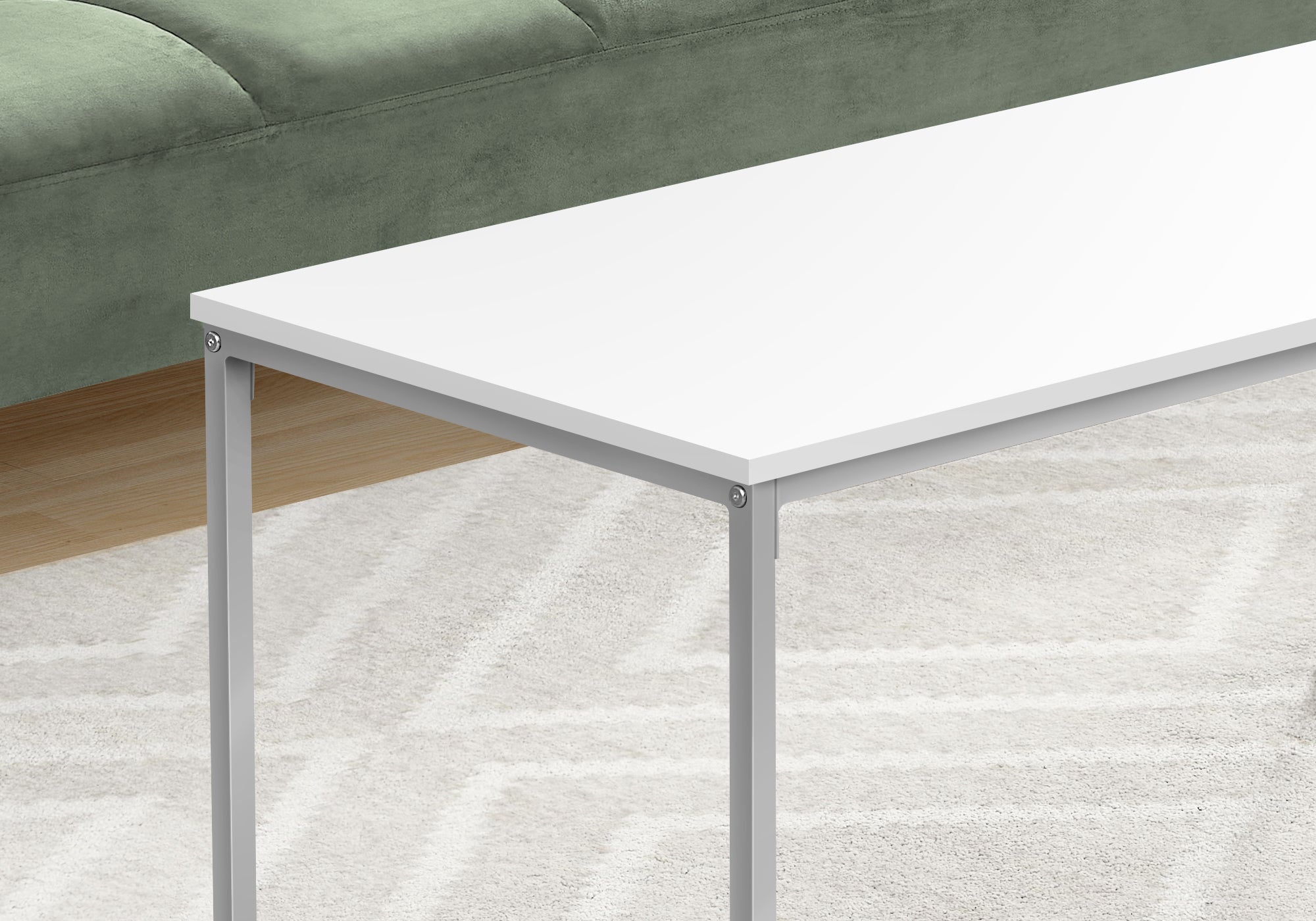 Coffee Table 40"L White With Silver Metal Base-Coffee Table-DECOROLALA