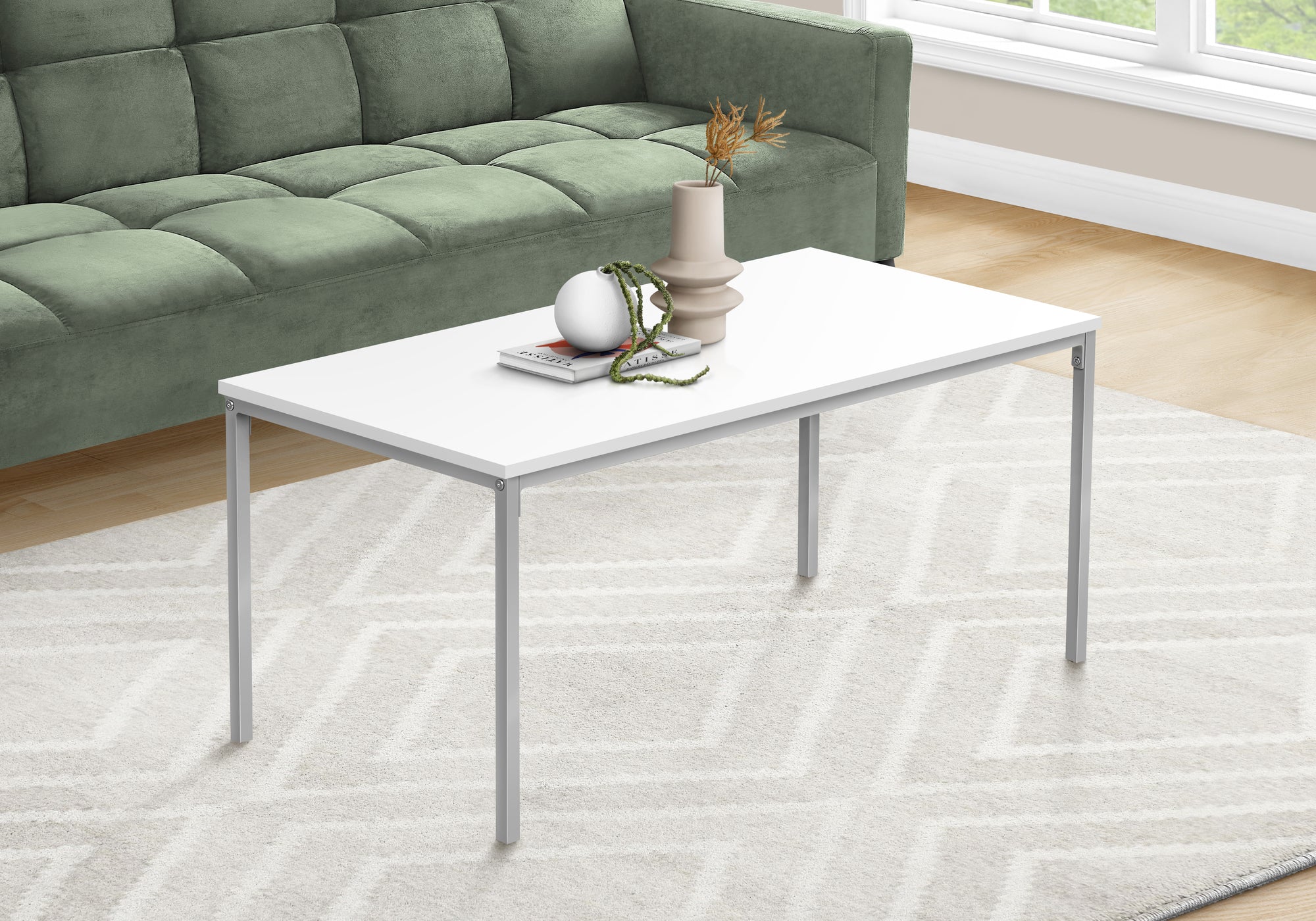 Coffee Table 40"L White With Silver Metal Base-Coffee Table-DECOROLALA