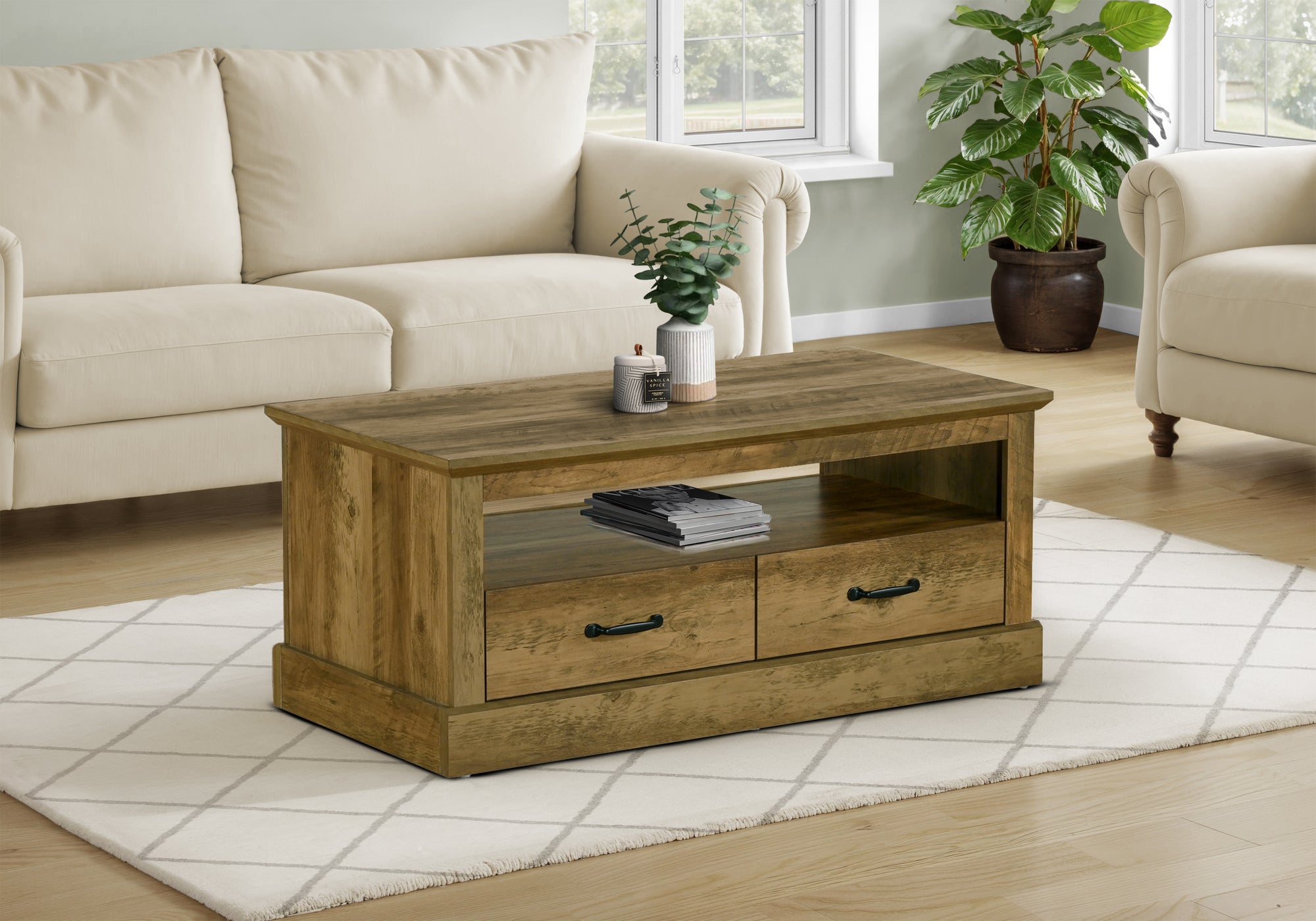 Coffee Table, 42" L, Cocktail, Rectangular, Storage Drawers, Living Room, Accent, Dark Brown Oak Laminate, Transitional-DECOROLALA
