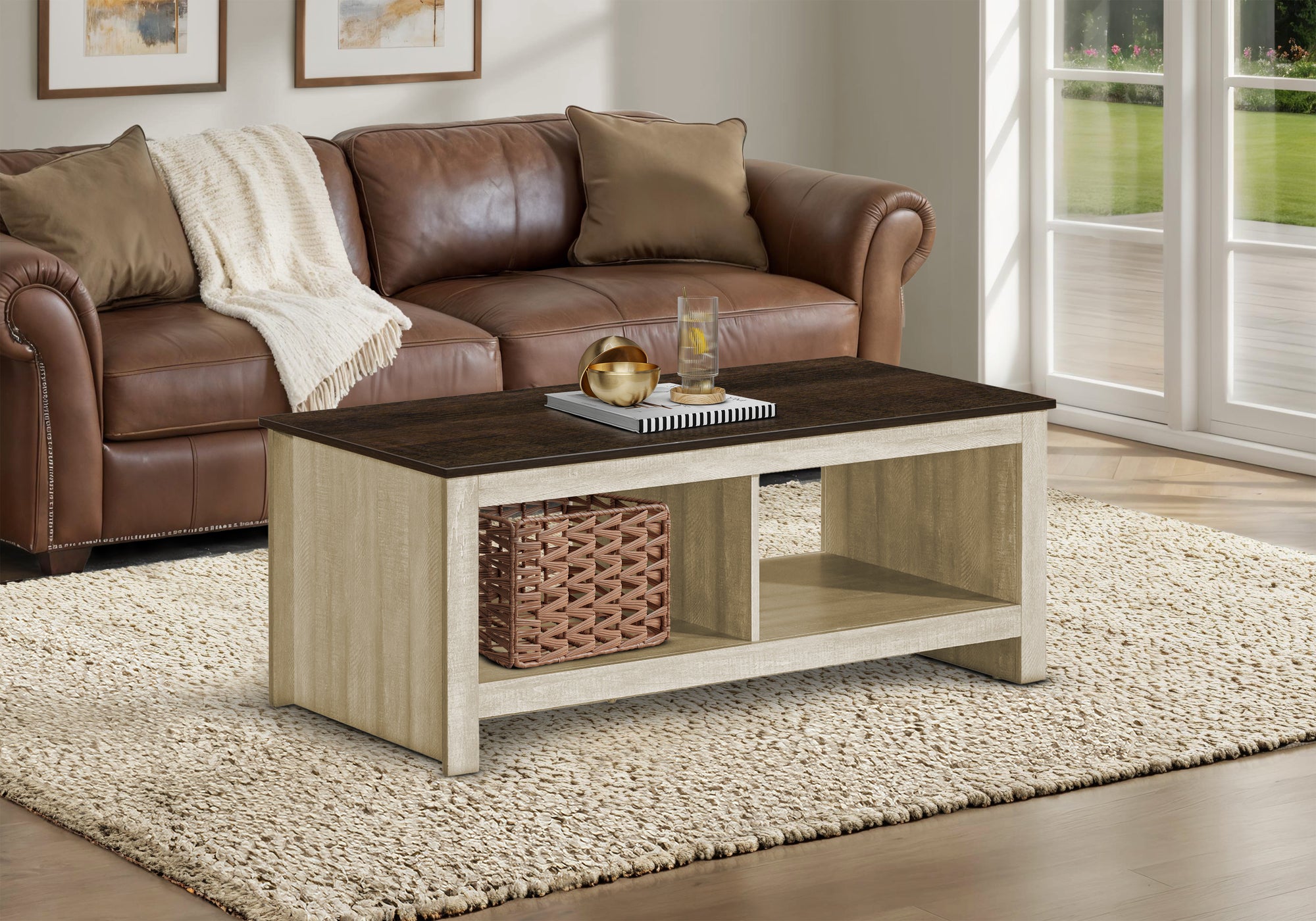 Coffee Table 44" Beige Oak - Storage Contemporary-DECOROLALA