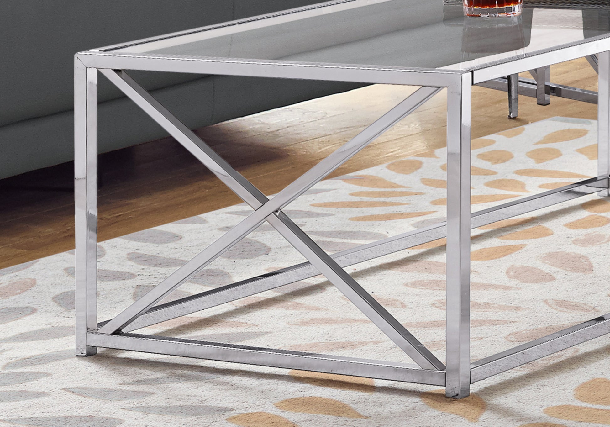 Coffee Table 44"L Chrome Metal Tempered Glass-Coffee Table-DECOROLALA