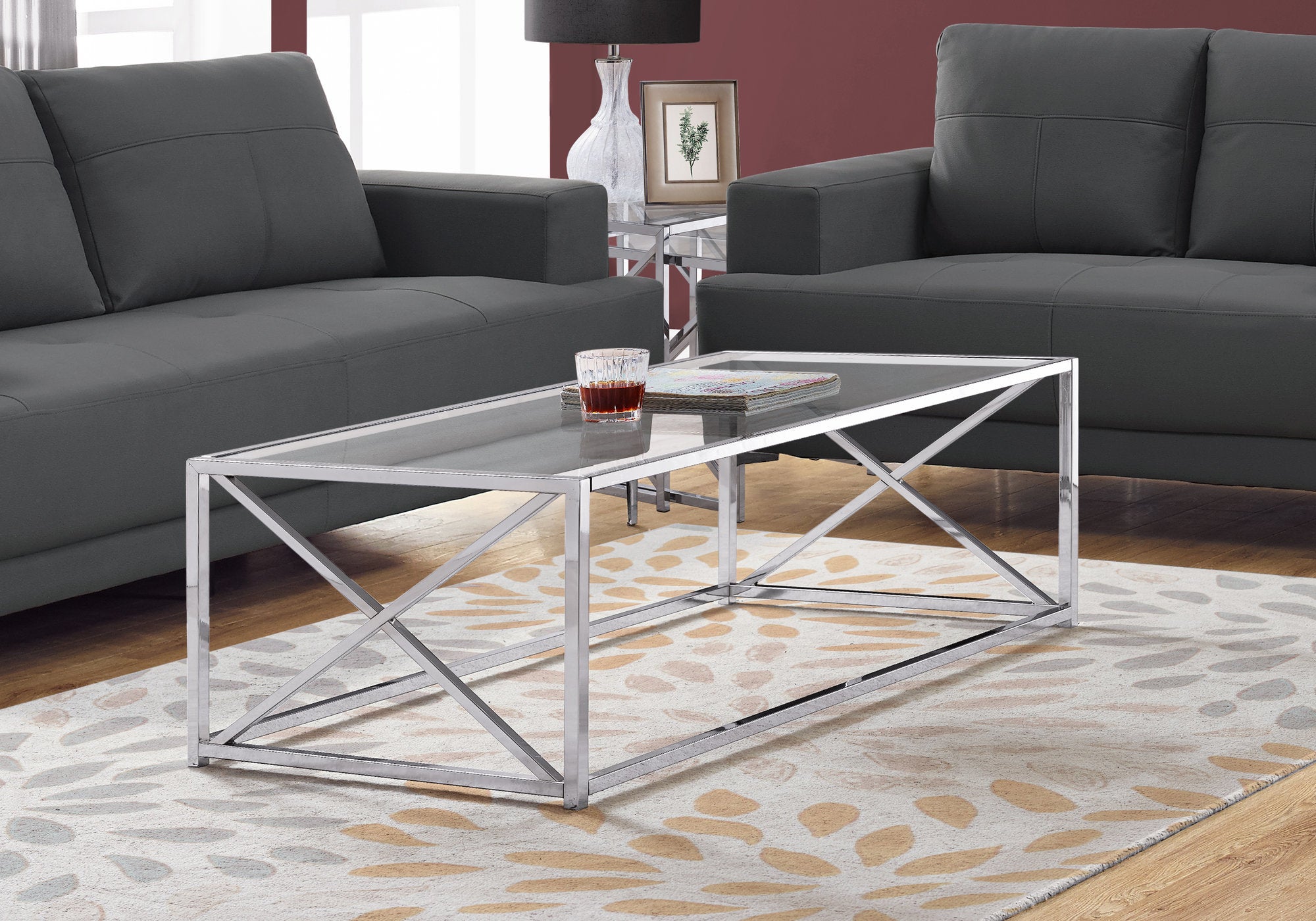 Coffee Table 44"L Chrome Metal Tempered Glass-Coffee Table-DECOROLALA