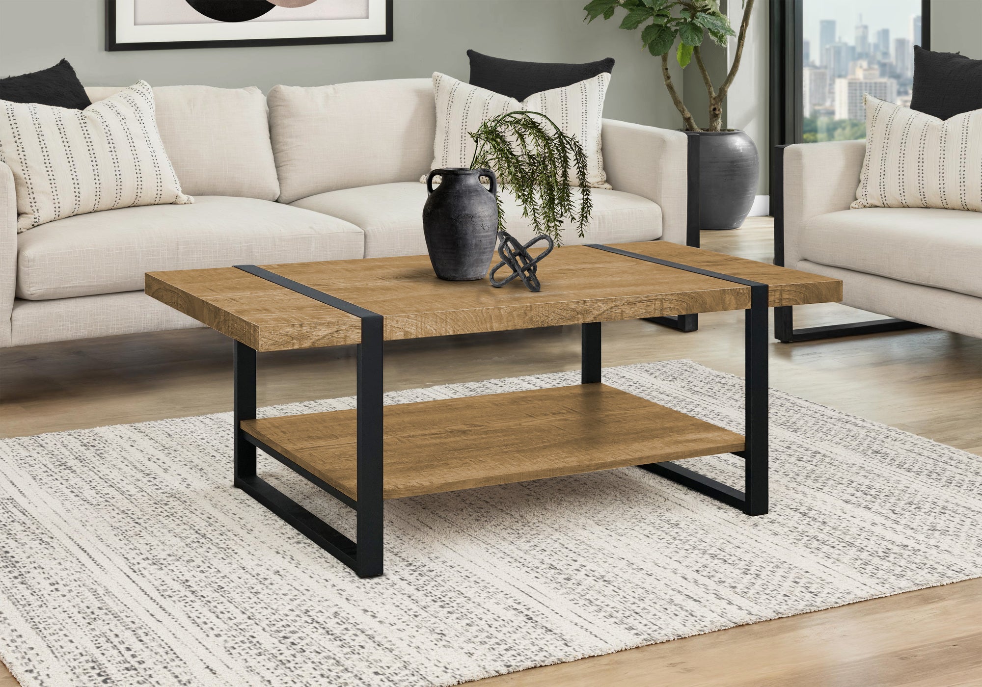 Coffee Table 48"L Mango Wood-look Black Metal-DECOROLALA