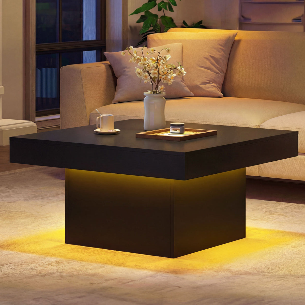 Coffee Table Accent Table with LED Lights and Dynamic Modes-Black-Coffee Tables-DECOROLALA