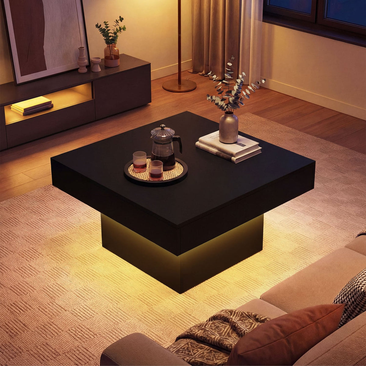 Coffee Table Accent Table with LED Lights and Dynamic Modes-Black-Coffee Tables-DECOROLALA