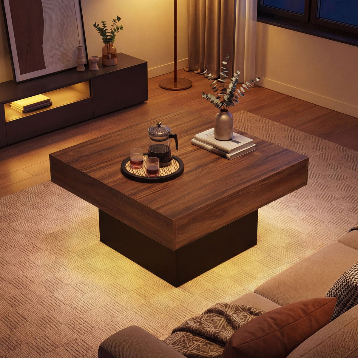 Coffee Table Accent Table with LED Lights and Dynamic Modes-Rustic Brown-Coffee Tables-DECOROLALA