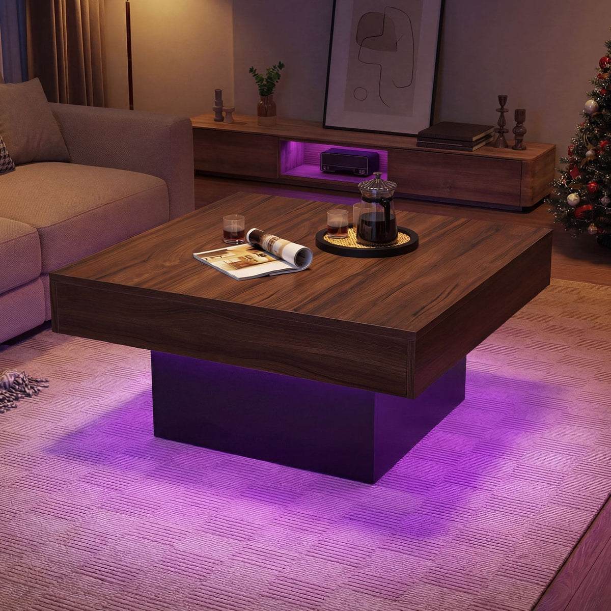 Coffee Table Accent Table with LED Lights and Dynamic Modes-Rustic Brown-Coffee Tables-DECOROLALA