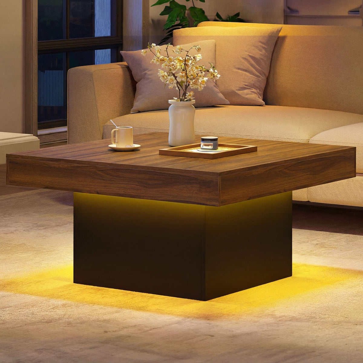 Coffee Table Accent Table with LED Lights and Dynamic Modes-Rustic Brown-Coffee Tables-DECOROLALA