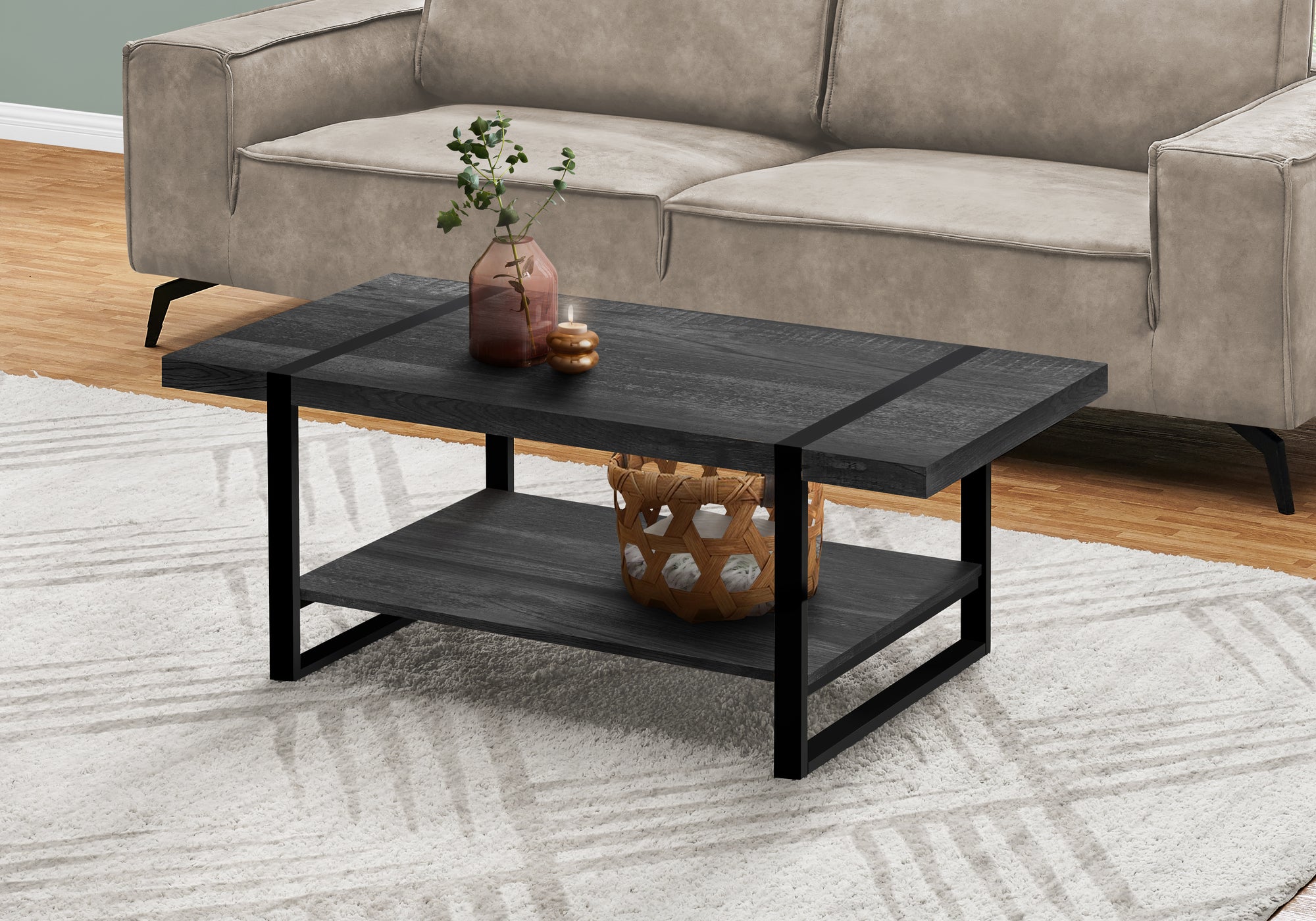Coffee Table Brown Reclaimed Wood Black Metal-Accent Table-DECOROLALA
